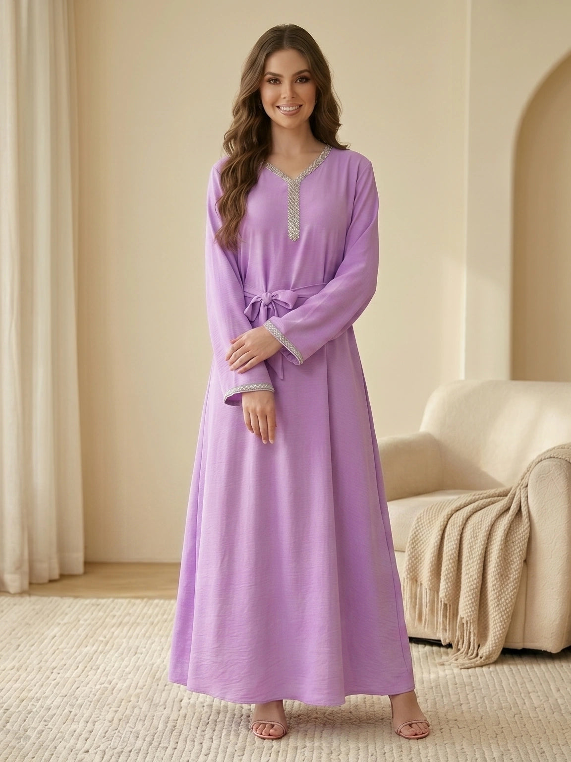 Embellished V-Neck Tie-Waist Jalabiya