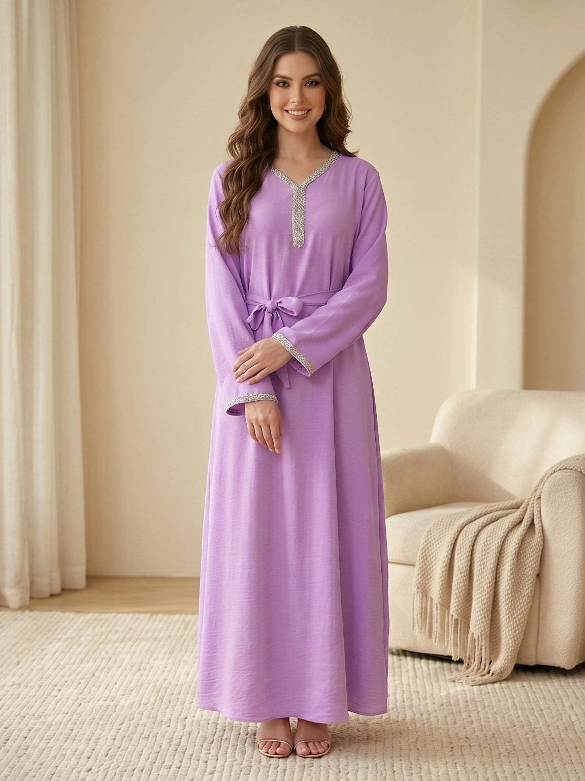 Embellished V-Neck Tie-Waist Jalabiya