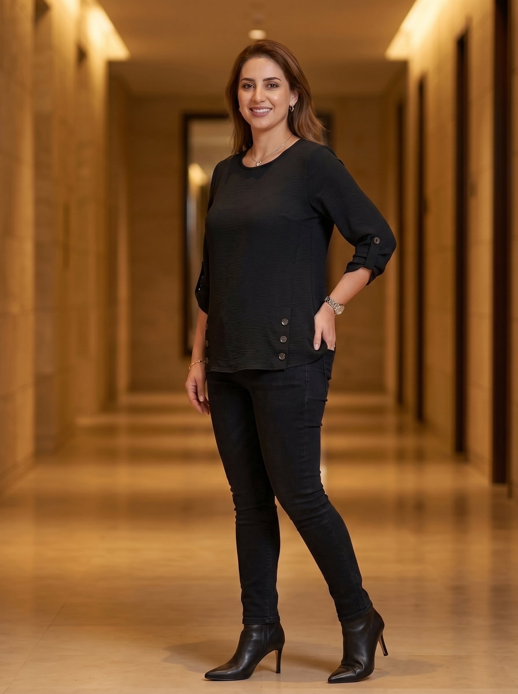 Elegant Button-Accent 3/4 Sleeve Blouse