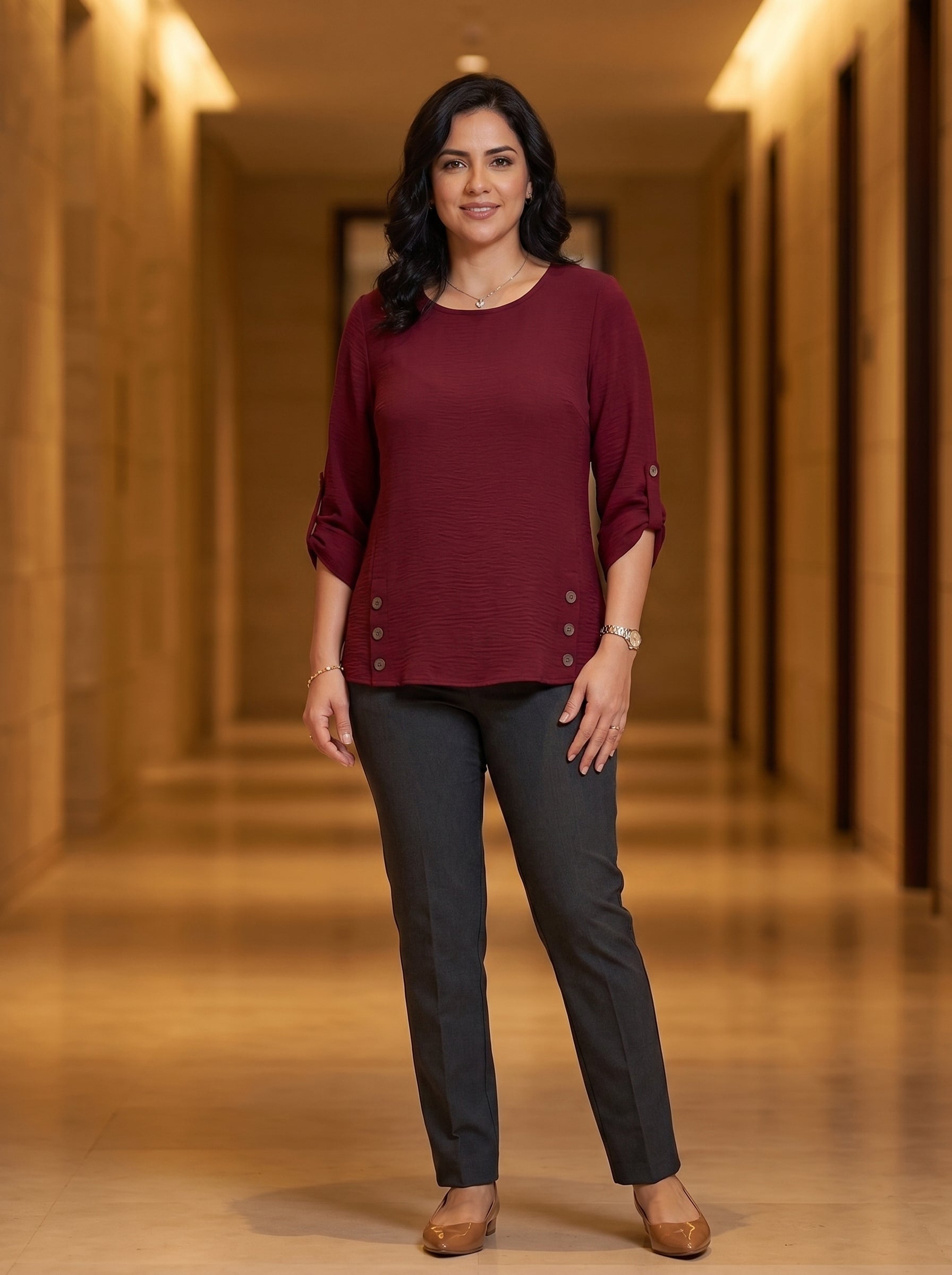 Elegant Button-Accent 3/4 Sleeve Blouse