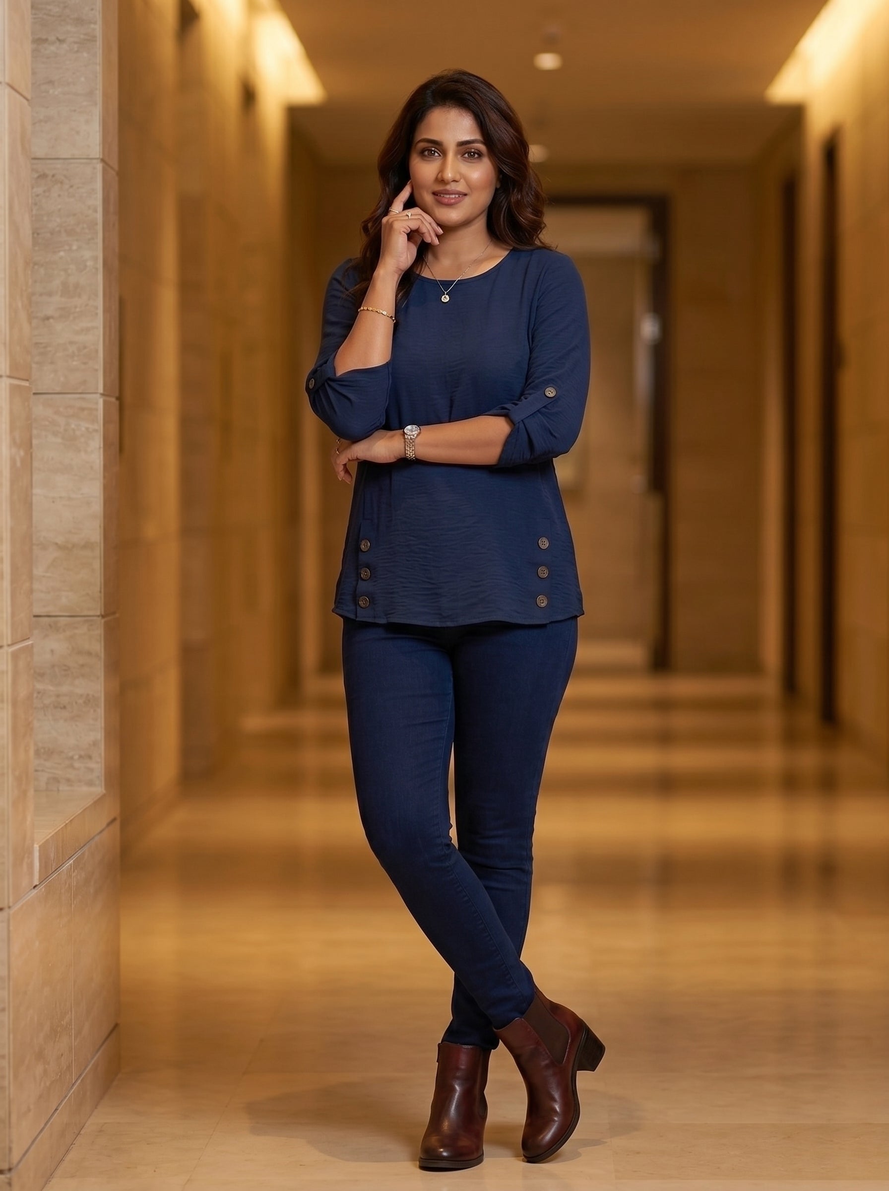 Elegant Button-Accent 3/4 Sleeve Blouse