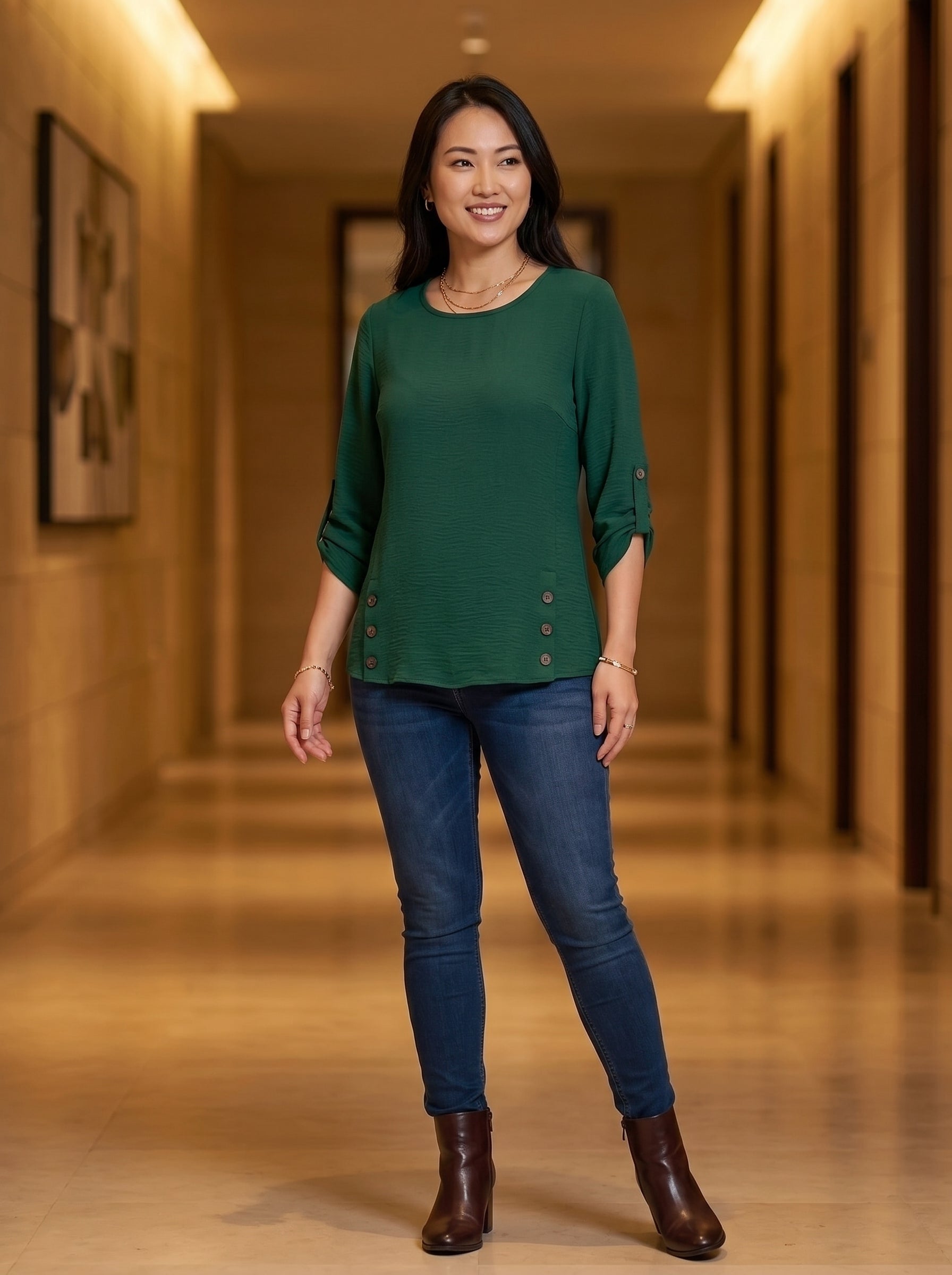 Elegant Button-Accent 3/4 Sleeve Blouse