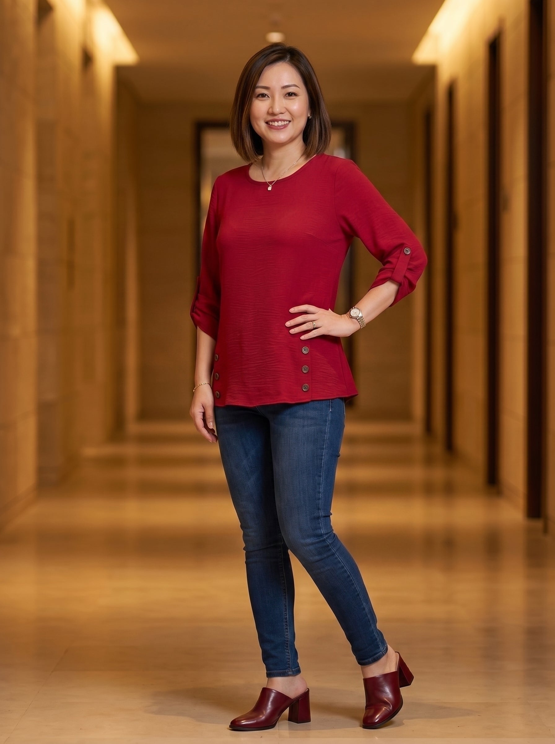 Elegant Button-Accent 3/4 Sleeve Blouse