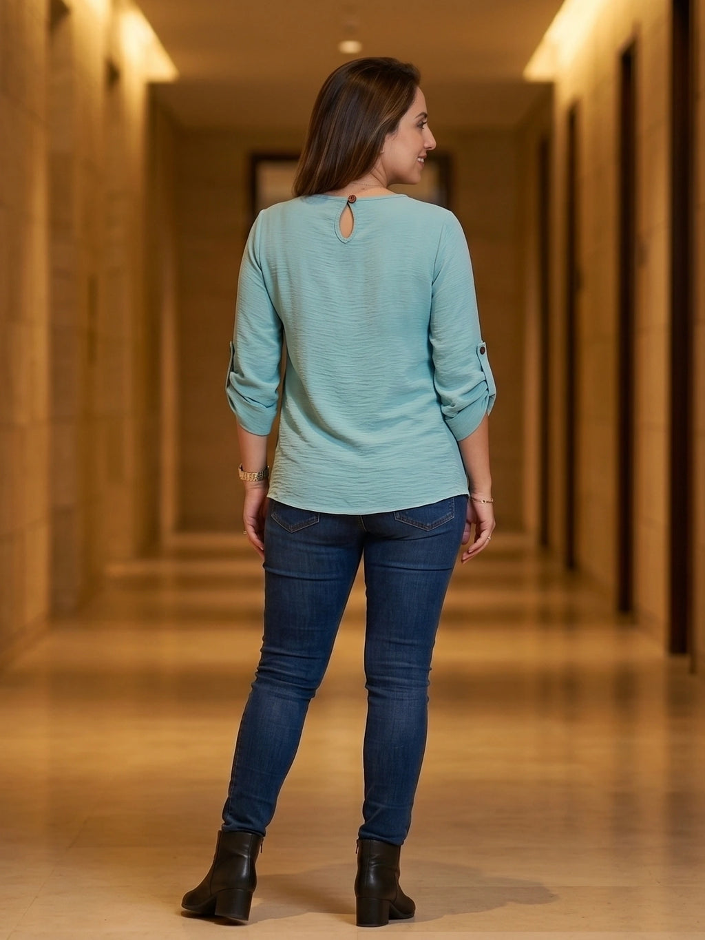 Elegant Button-Accent 3/4 Sleeve Blouse