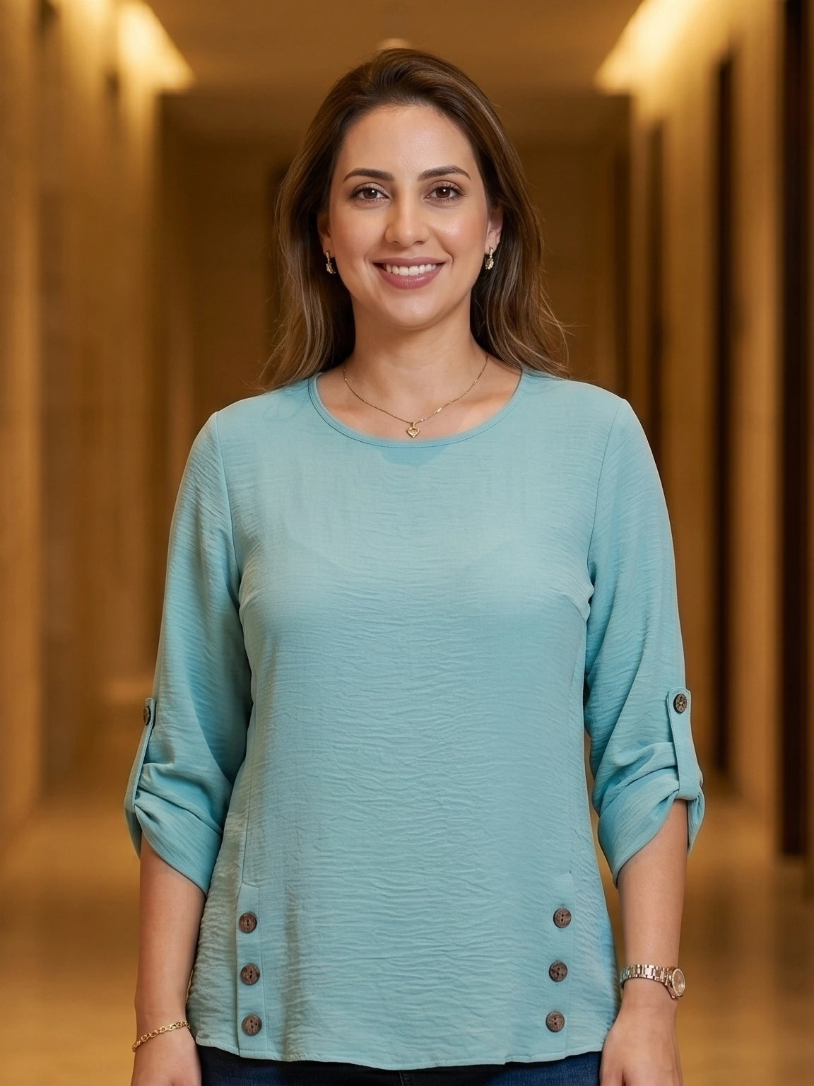 Elegant Button-Accent 3/4 Sleeve Blouse