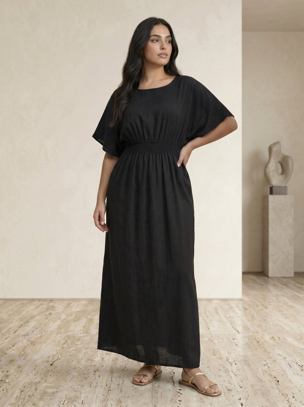 Elastic Waist Short-Sleeve Inner Maxi
