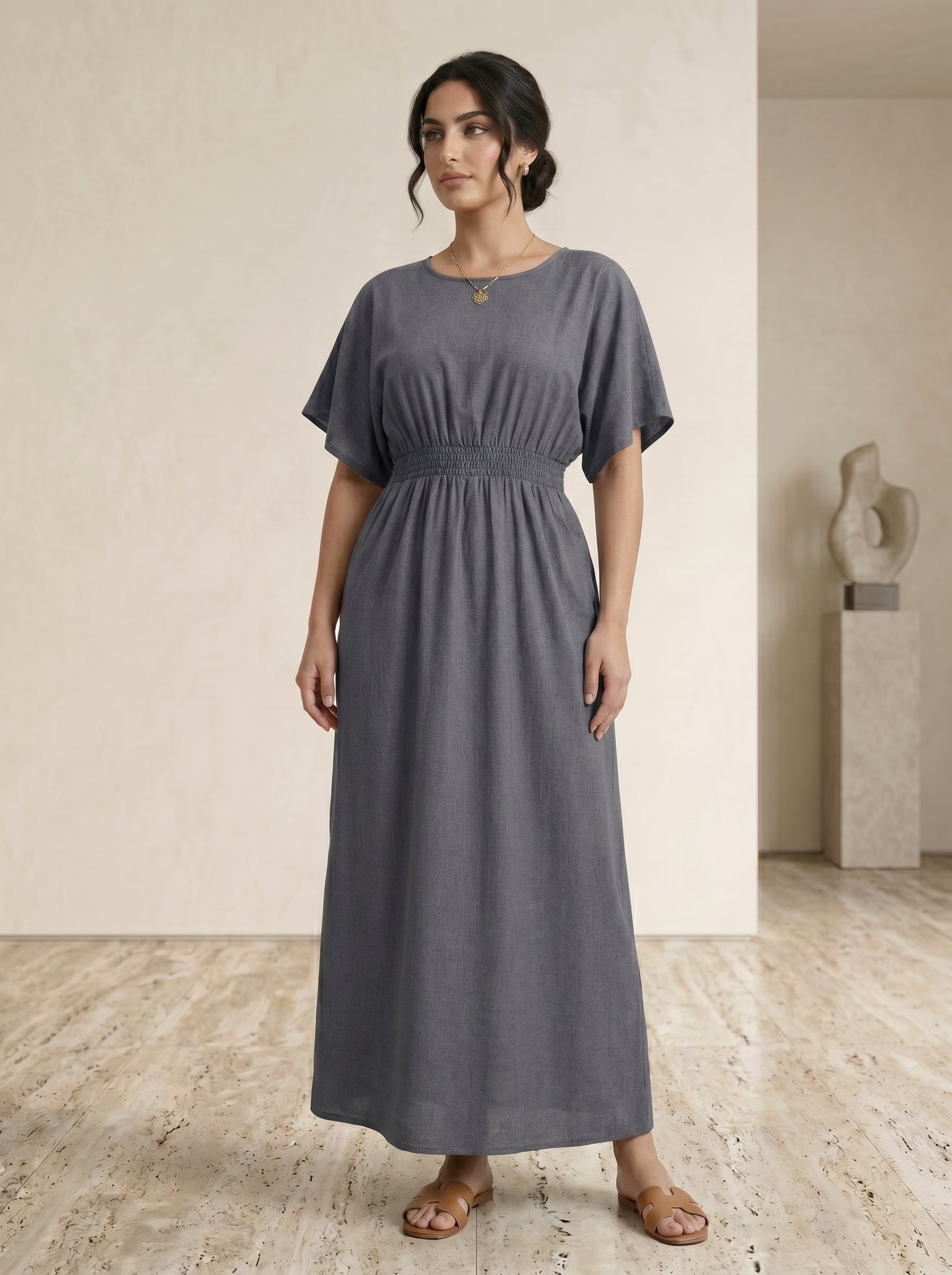 Elastic Waist Short-Sleeve Inner Maxi