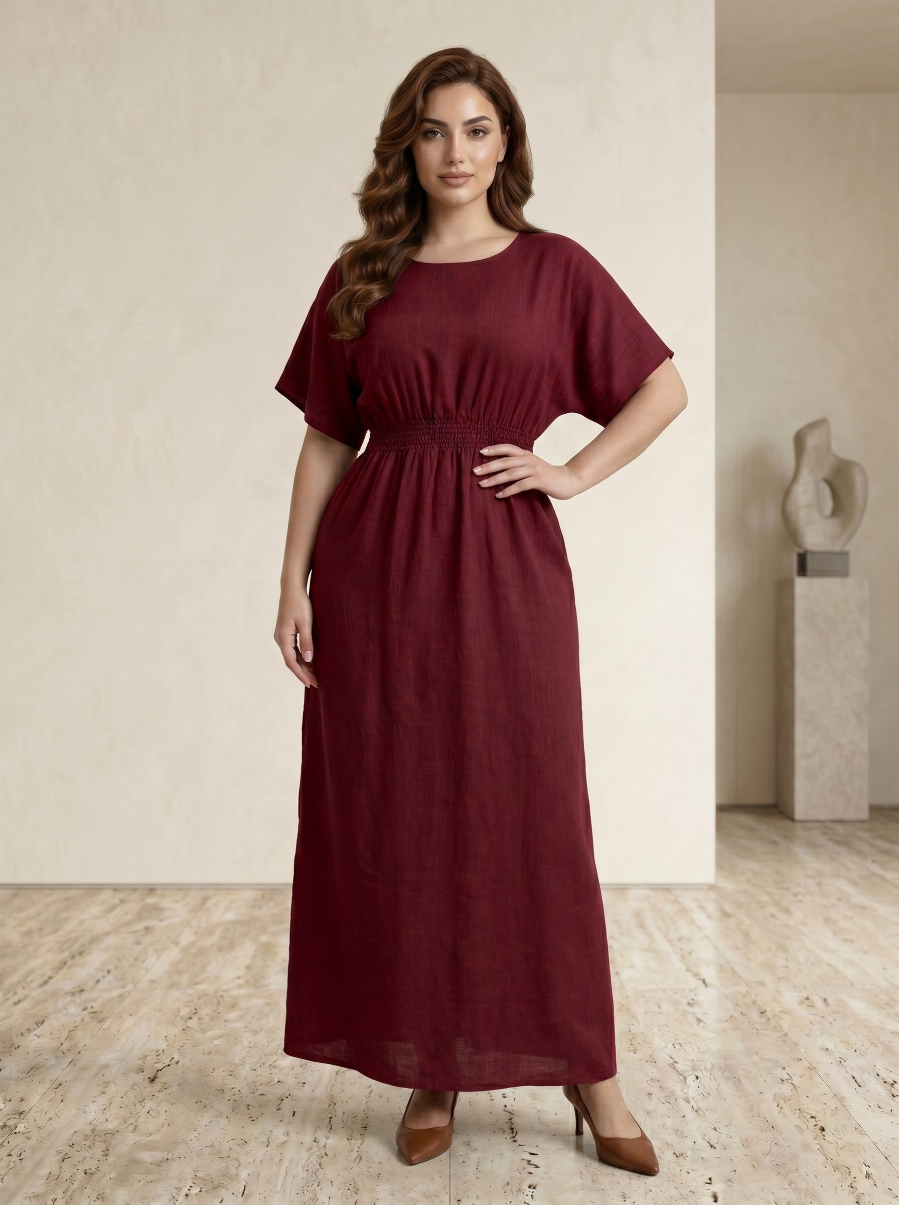 Elastic Waist Short-Sleeve Inner Maxi