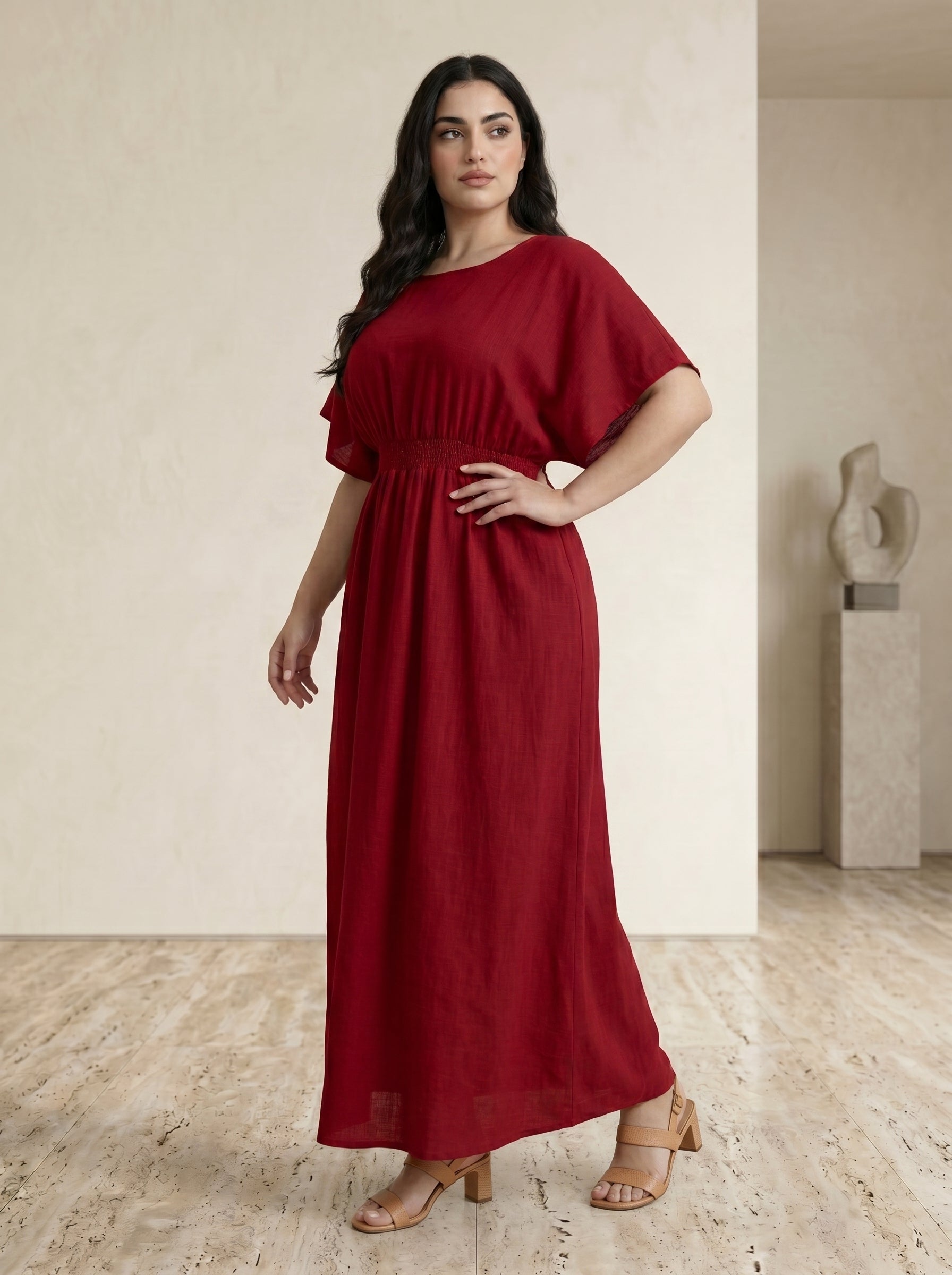 Elastic Waist Short-Sleeve Inner Maxi