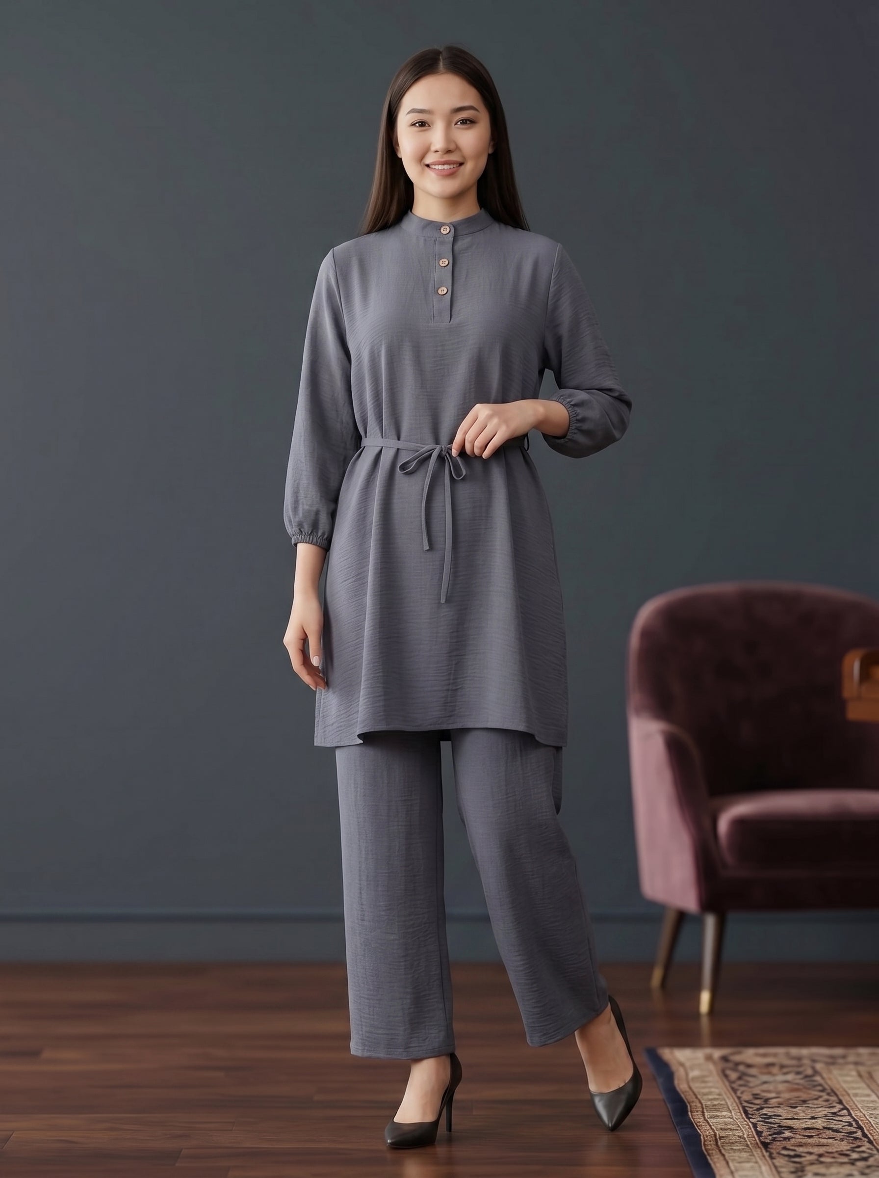 Refined Band-Collar Drawstring Trousers Set