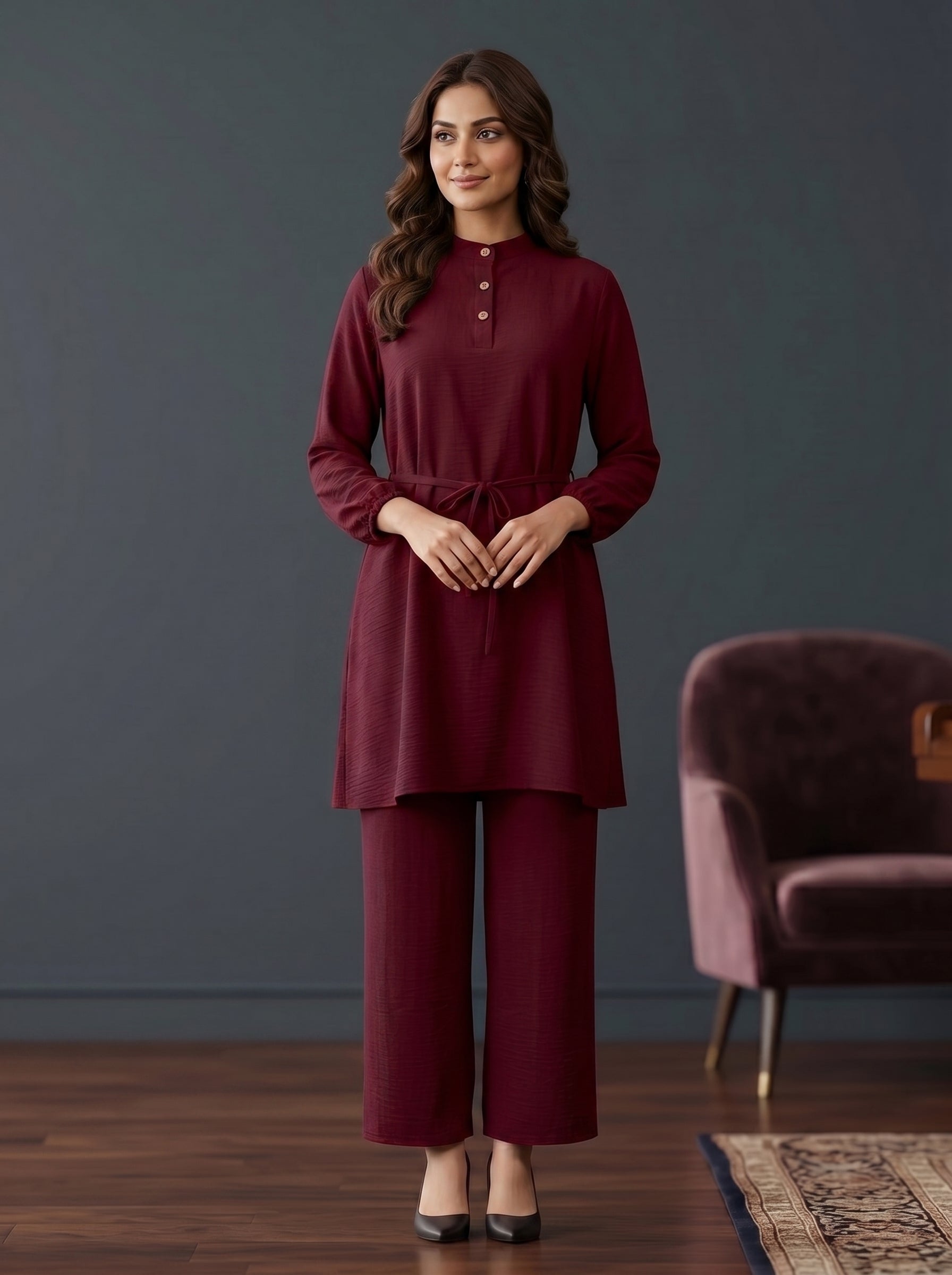 Refined Band-Collar Drawstring Trousers Set