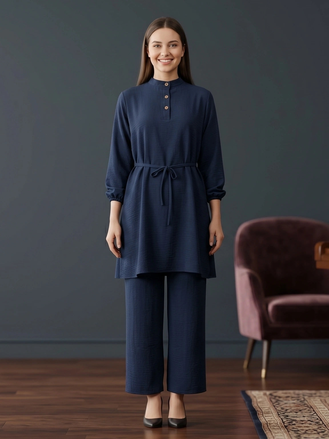 Refined Band-Collar Drawstring Trousers Set