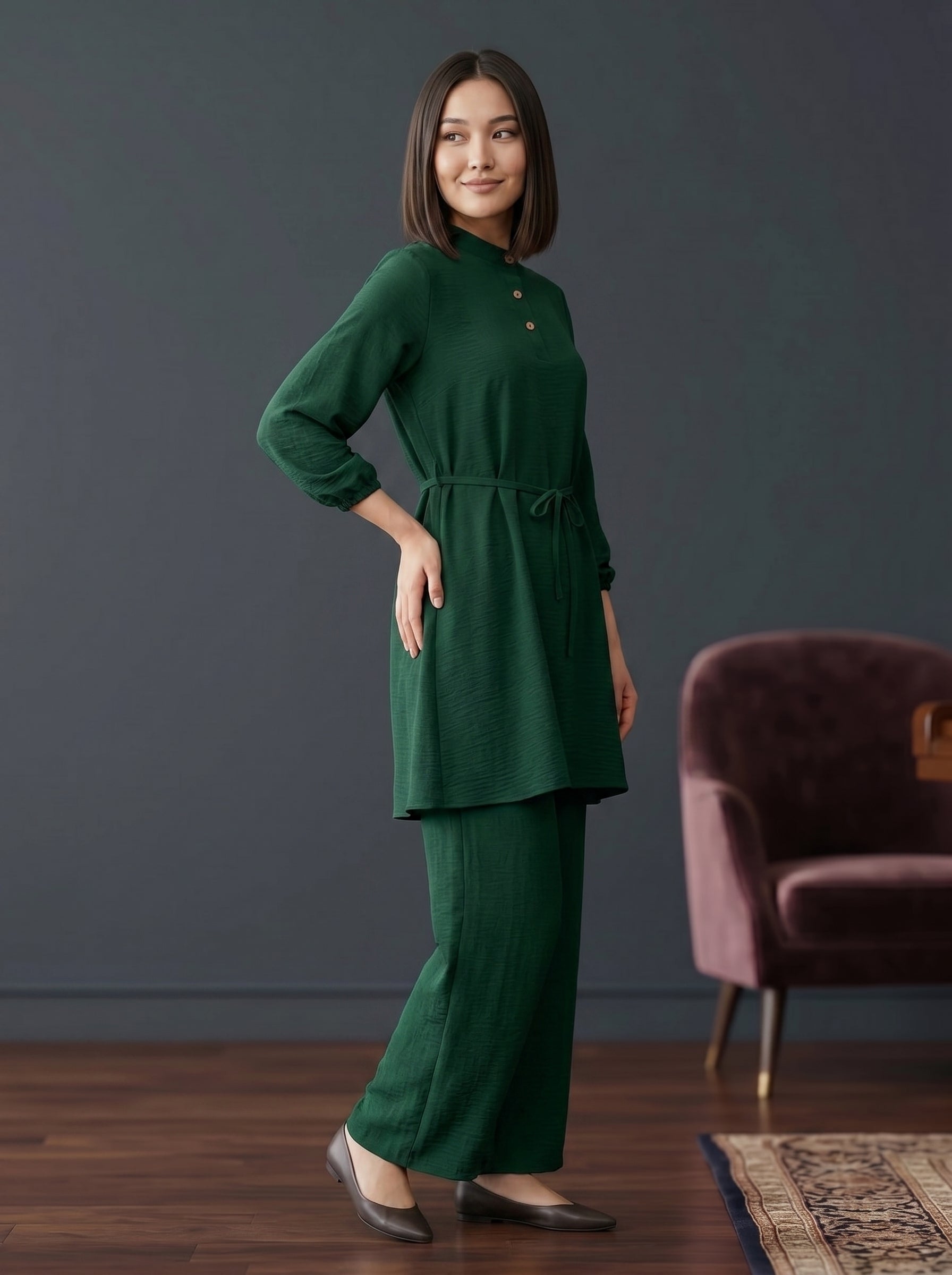 Refined Band-Collar Drawstring Trousers Set