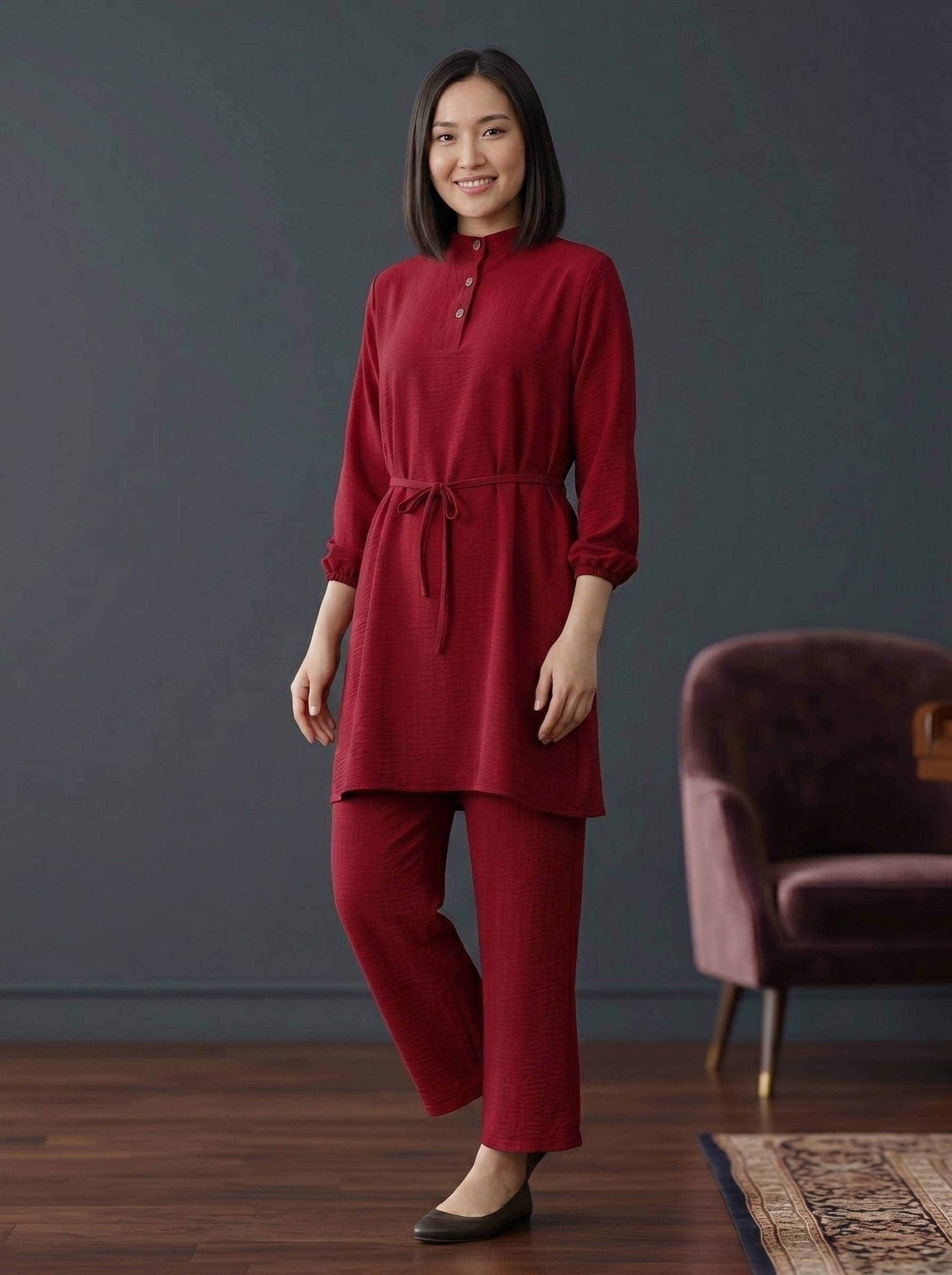 Refined Band-Collar Drawstring Trousers Set