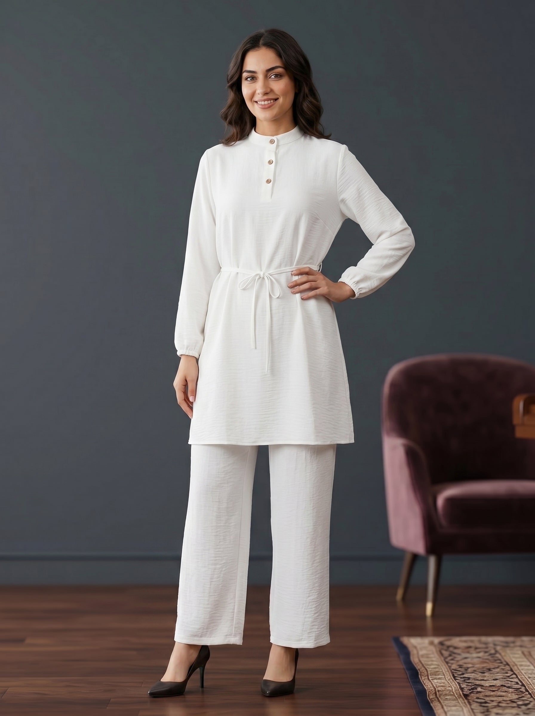 Refined Band-Collar Drawstring Trousers Set