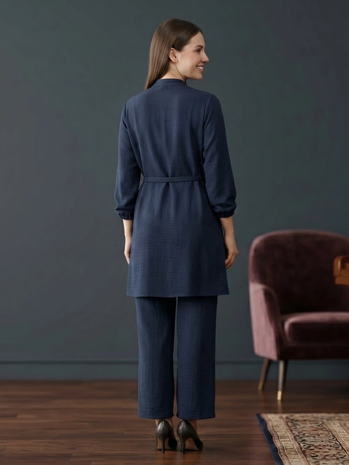 Refined Band-Collar Drawstring Trousers Set