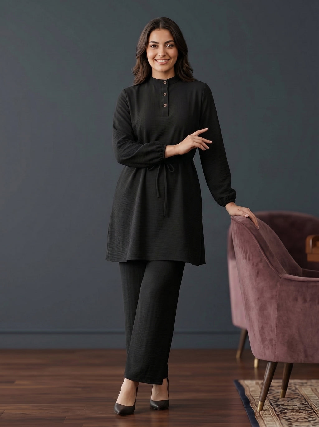 Refined Band-Collar Drawstring Trousers Set