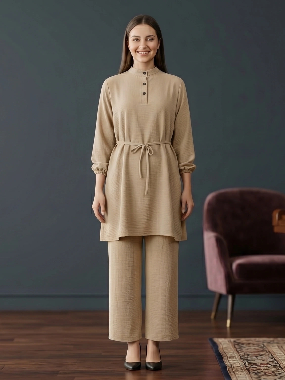 Refined Band-Collar Drawstring Trousers Set