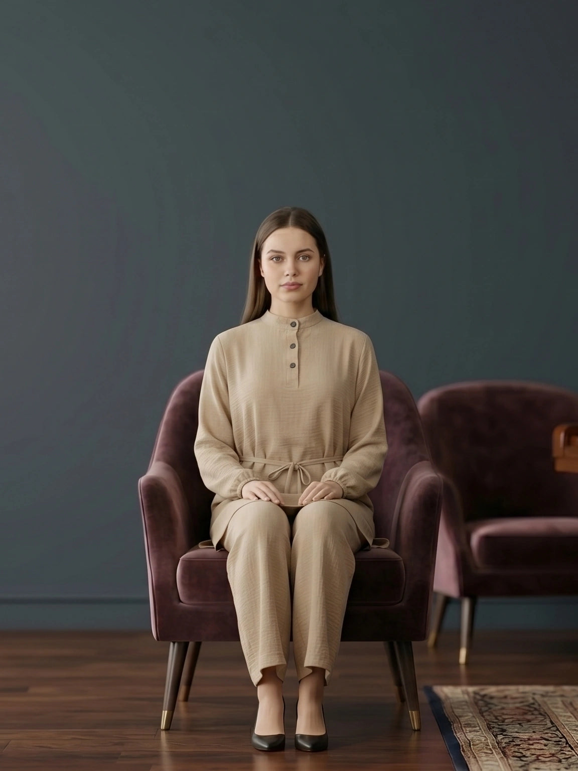 Refined Band-Collar Drawstring Trousers Set