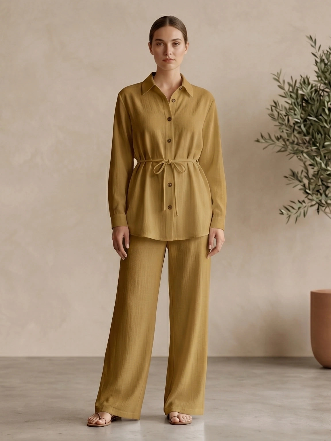 Classic Collared Long Sleeve Two-Piece Set