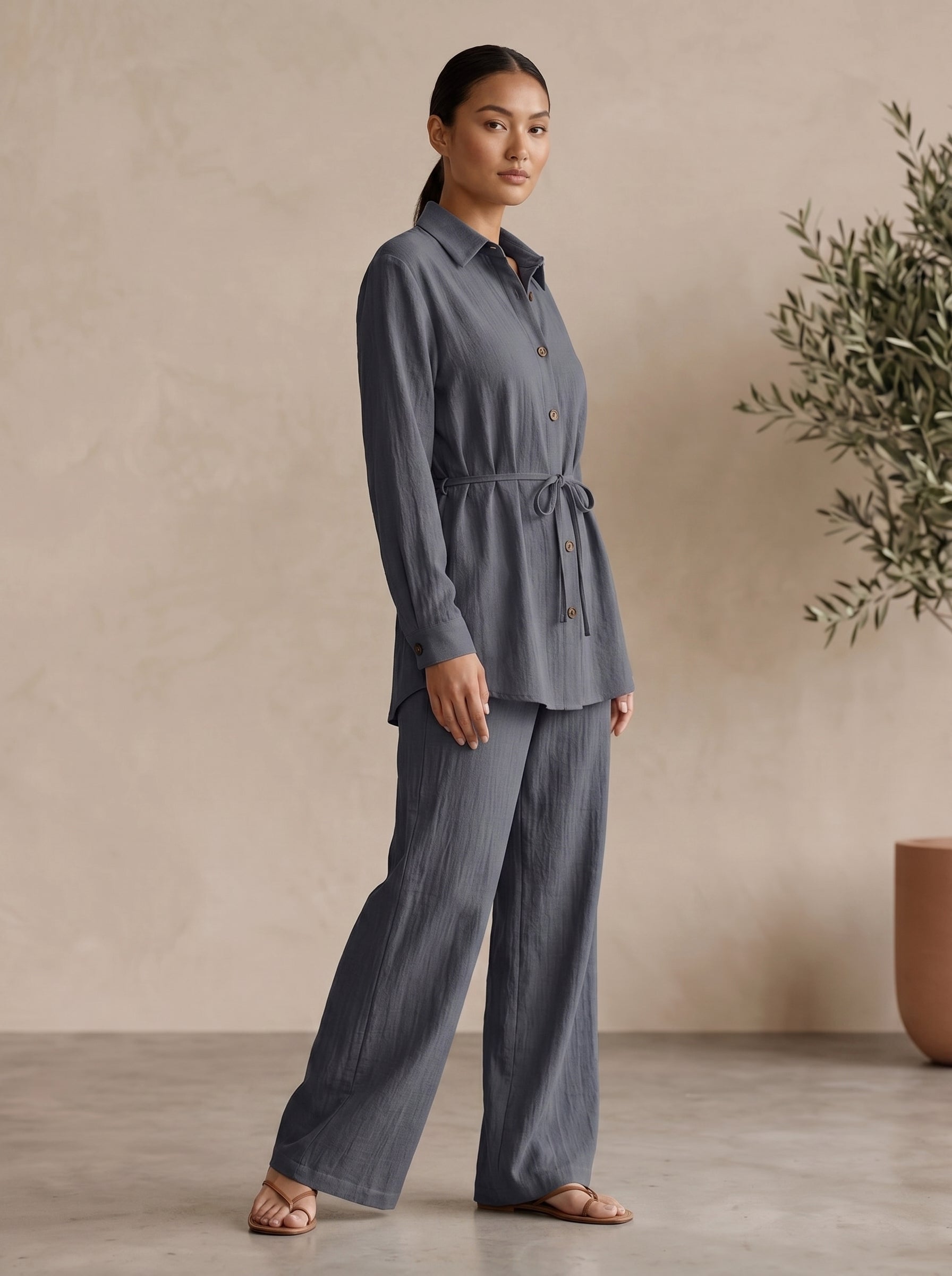 Classic Collared Long Sleeve Two-Piece Set
