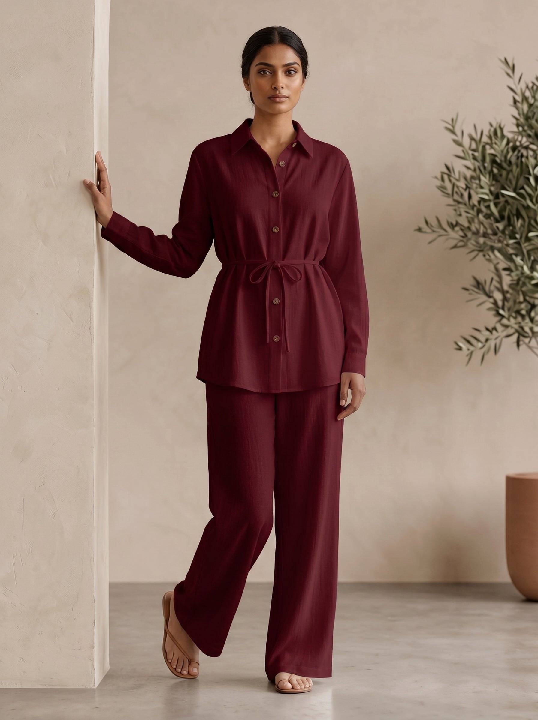 Classic Collared Long Sleeve Two-Piece Set