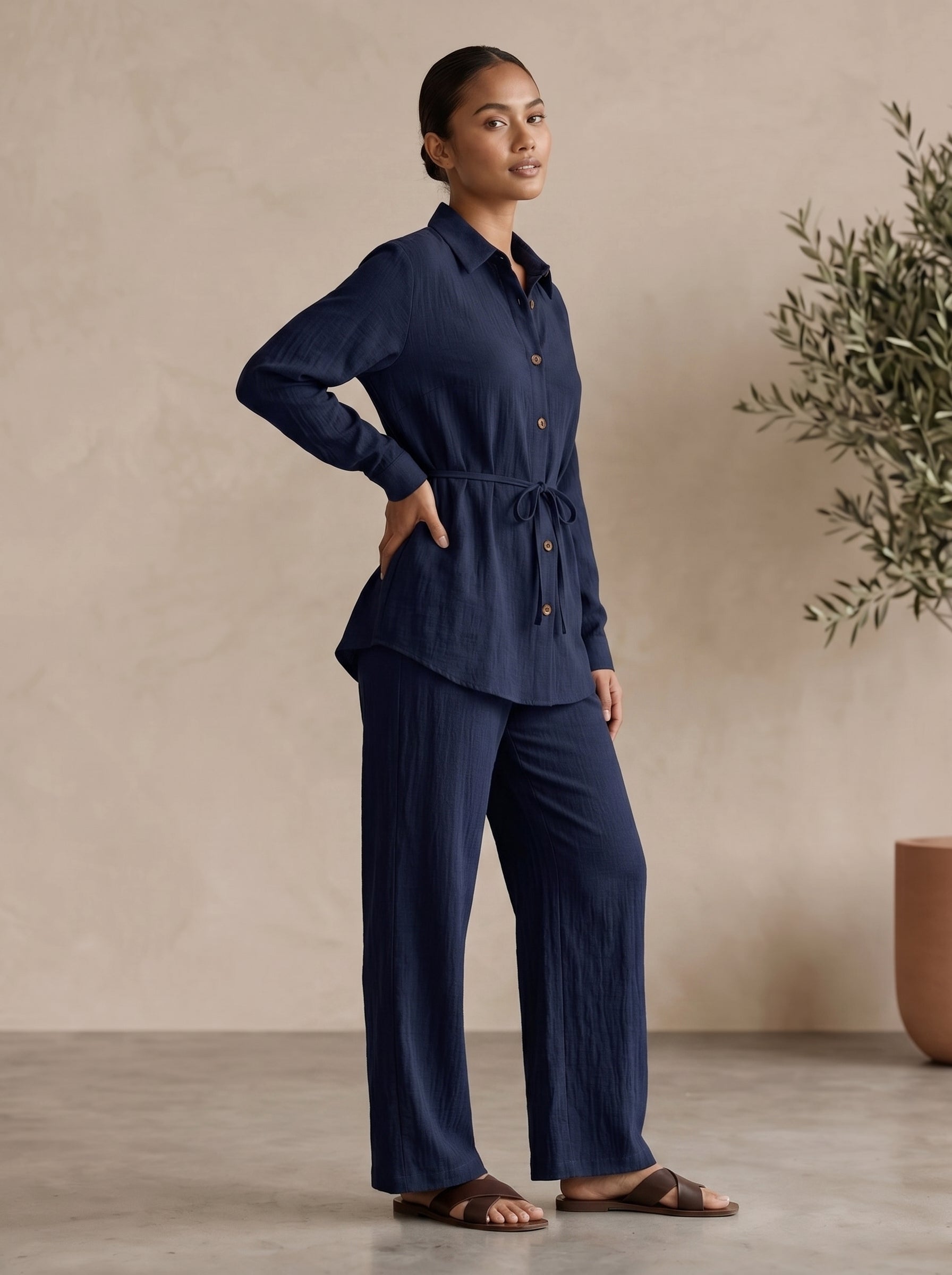 Classic Collared Long Sleeve Two-Piece Set