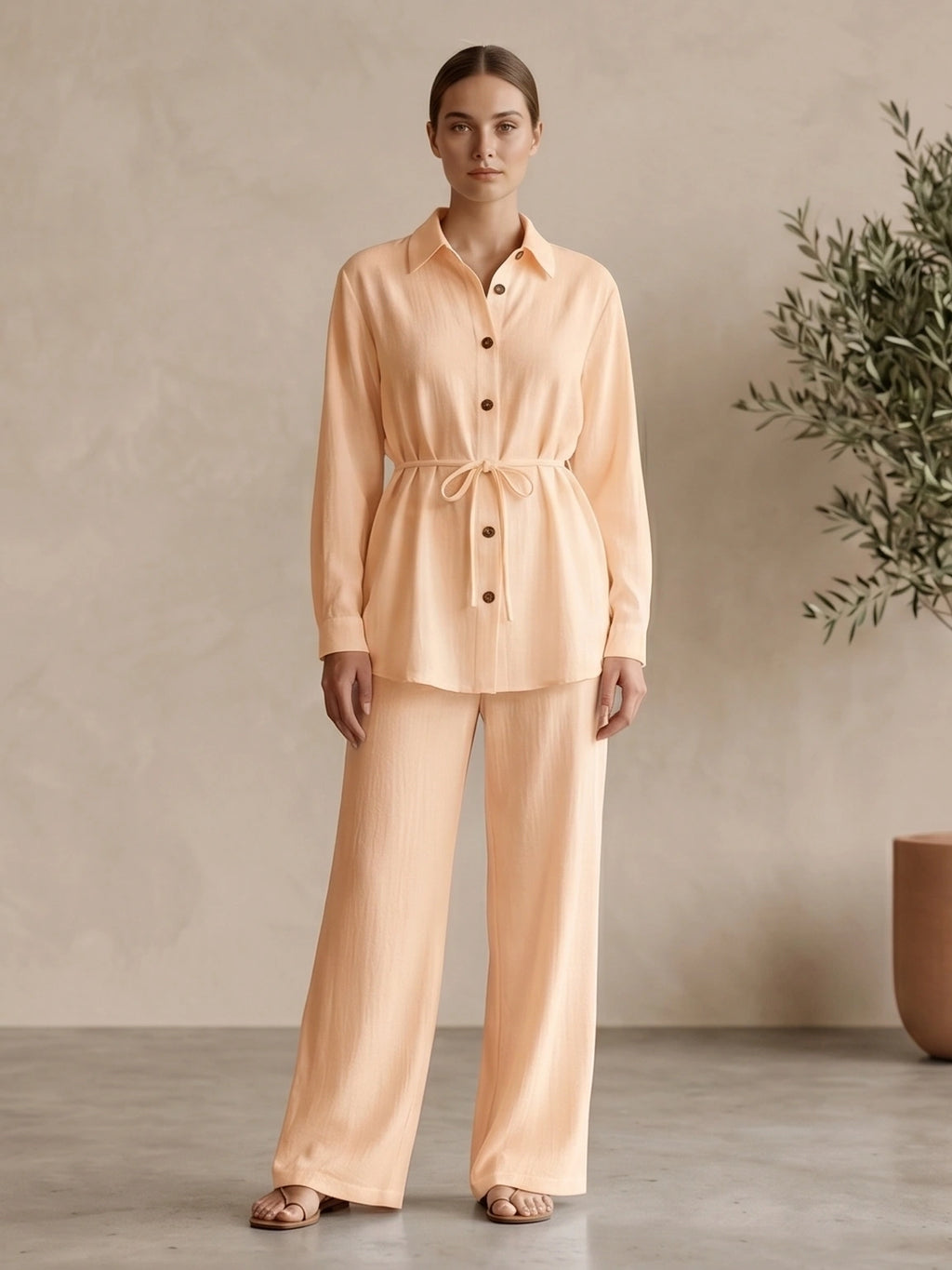 Classic Collared Long Sleeve Two-Piece Set
