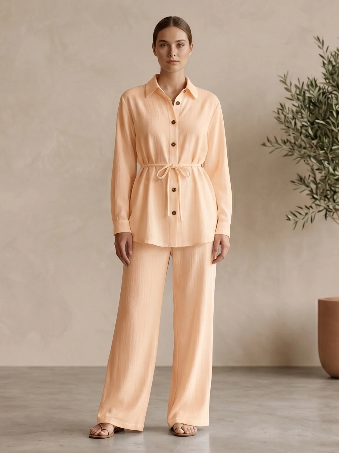 Classic Collared Long Sleeve Two-Piece Set