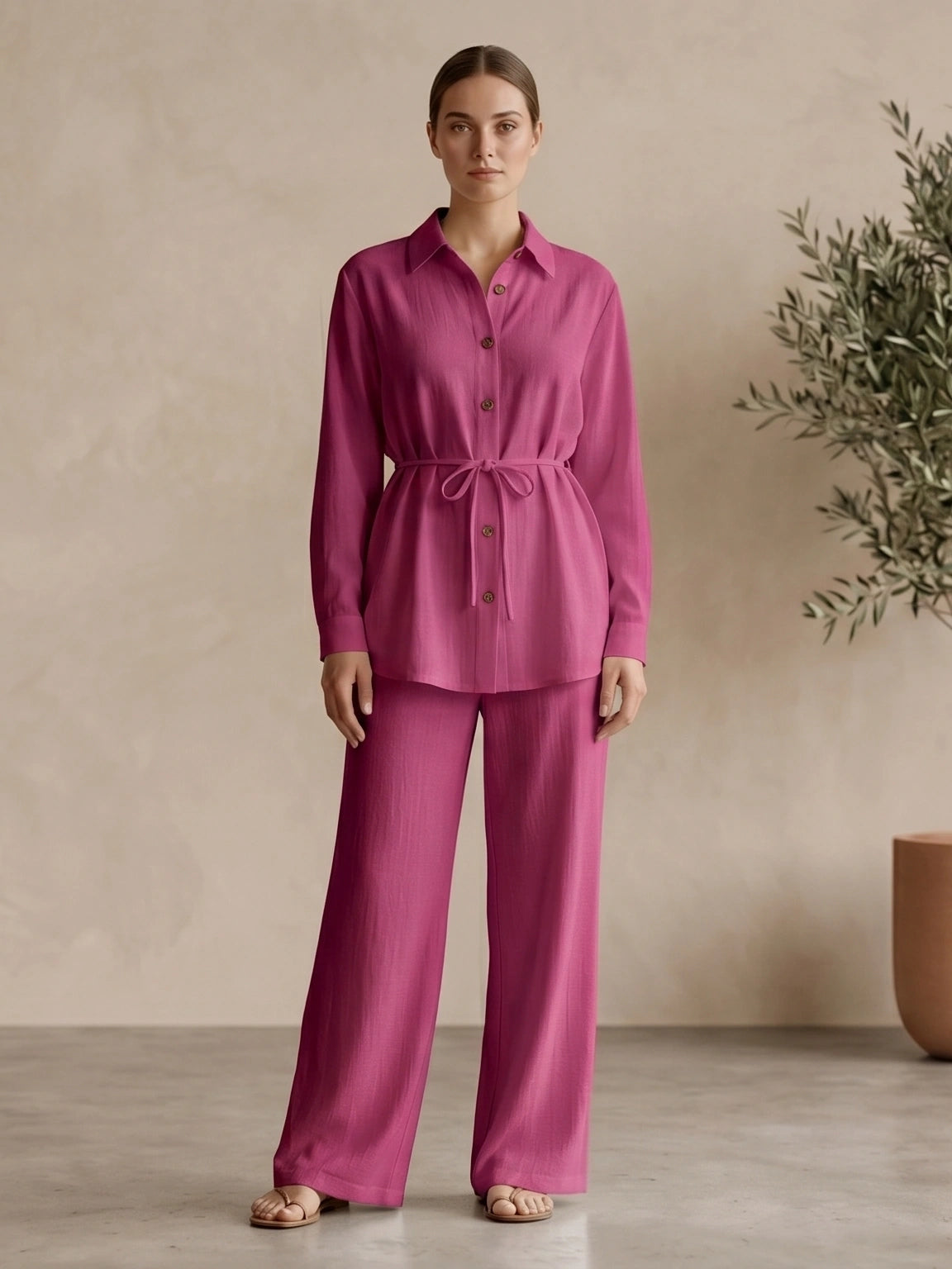 Classic Collared Long Sleeve Two-Piece Set