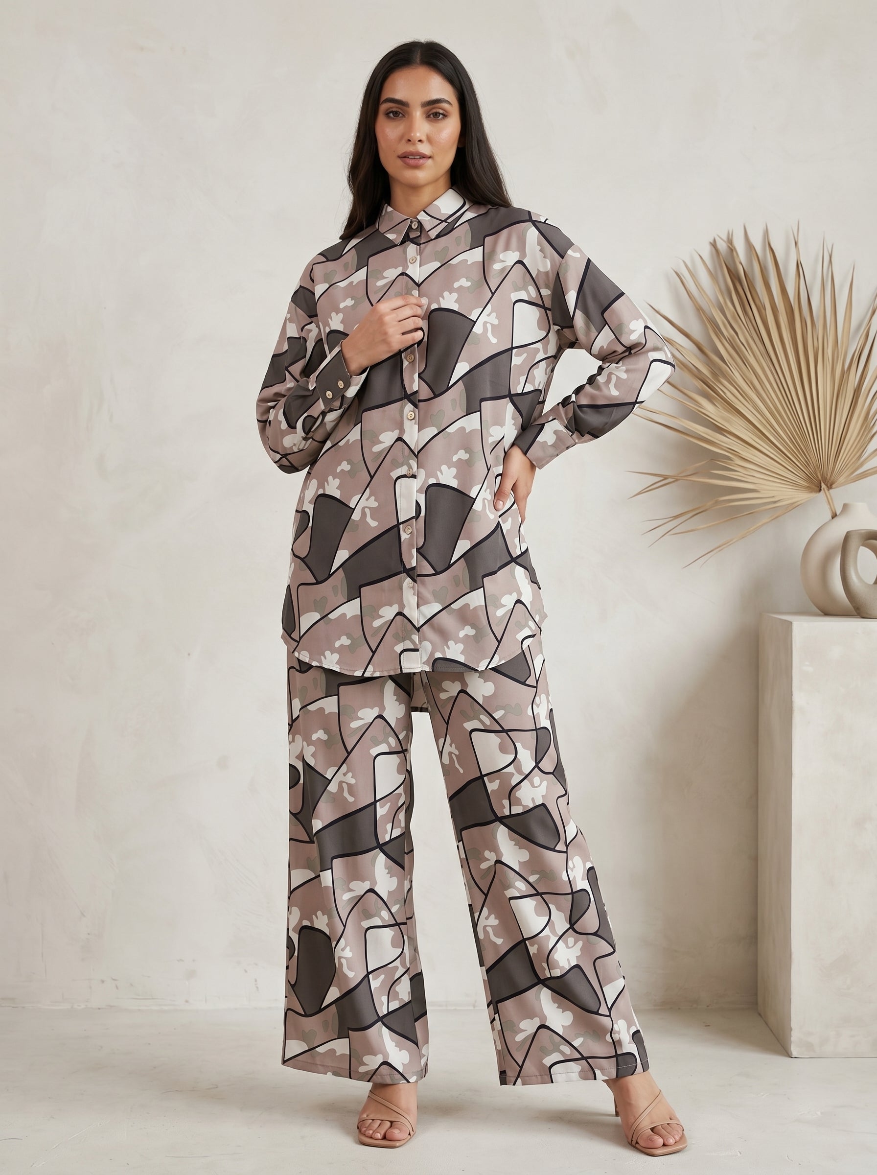 Geometric Abstract Print Button-Down Co-Ord Set