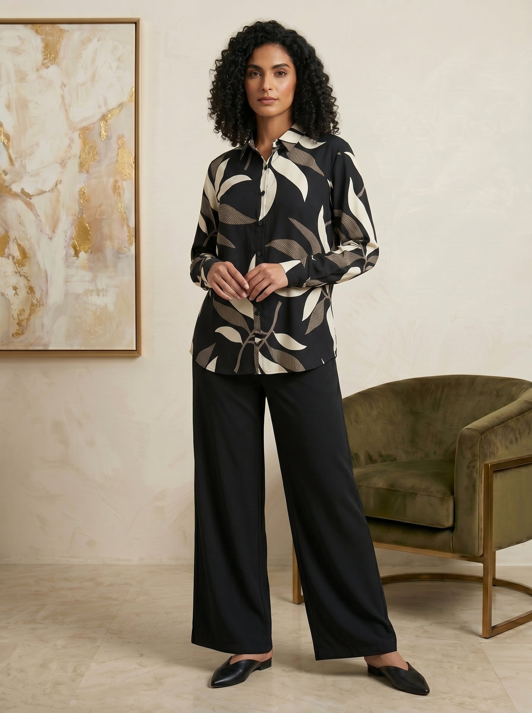 Two-Piece Nature-Print Button-Down Blouse and Matching Trousers Set