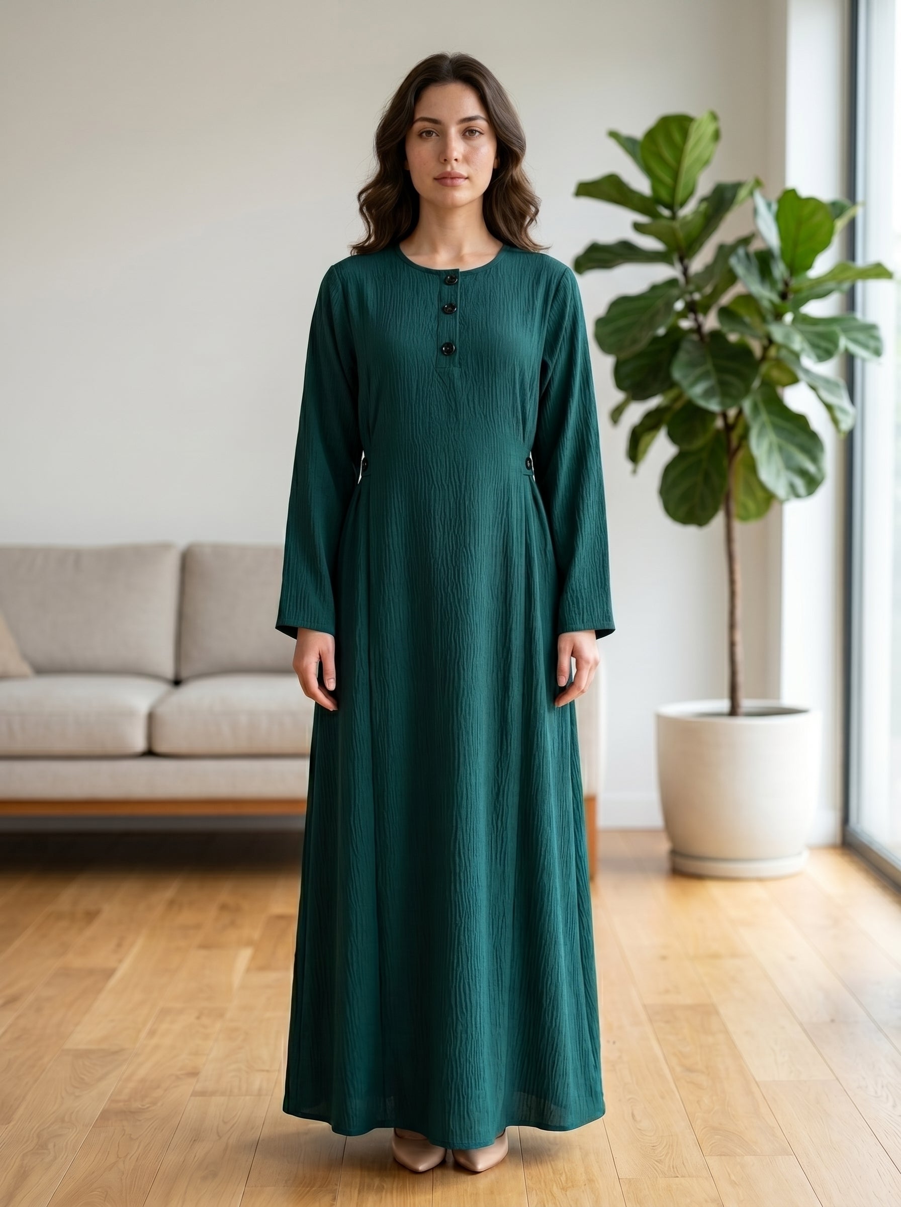 Button-Accent Modest Maxi Dress