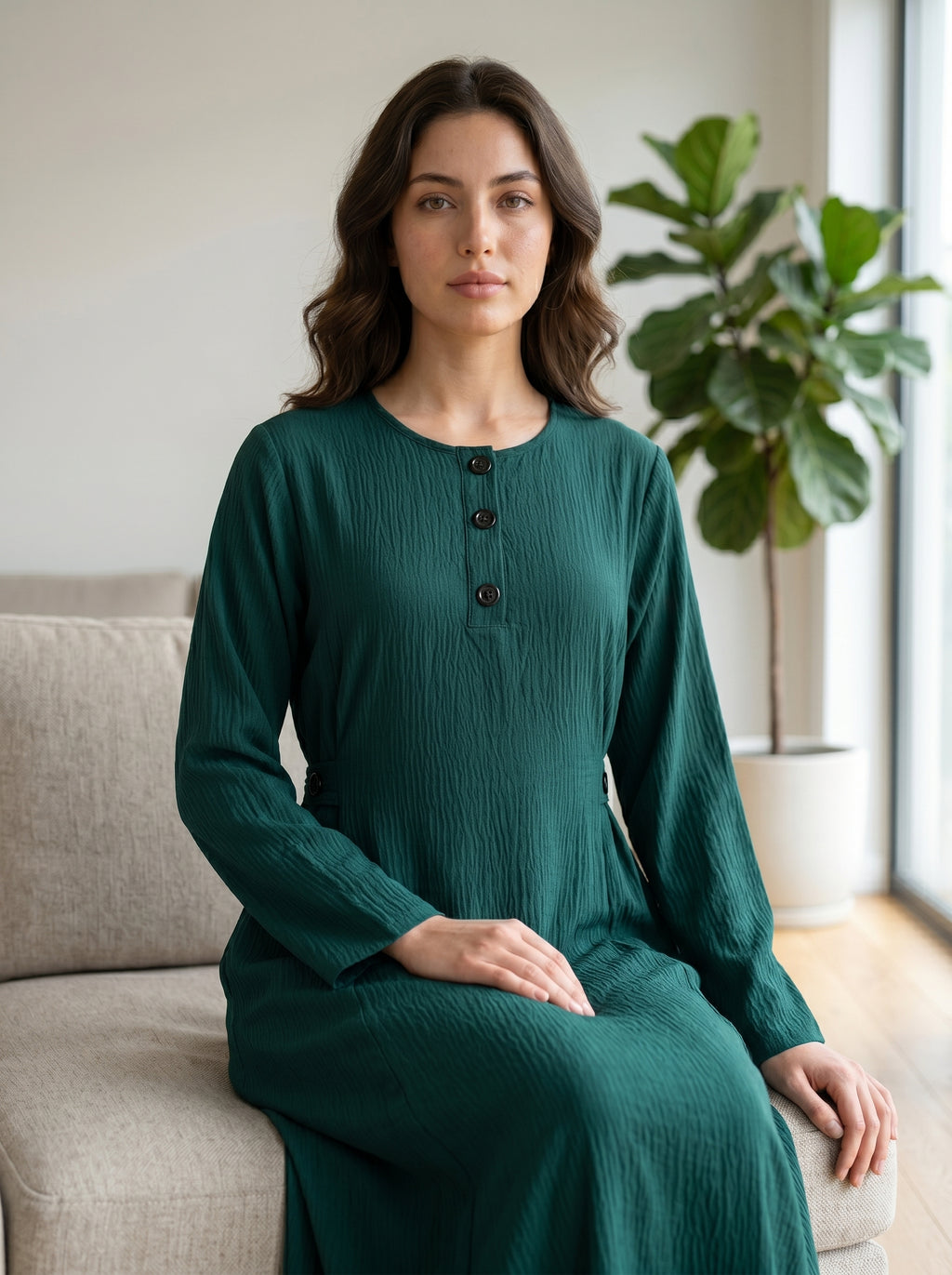 Button-Accent Modest Maxi Dress