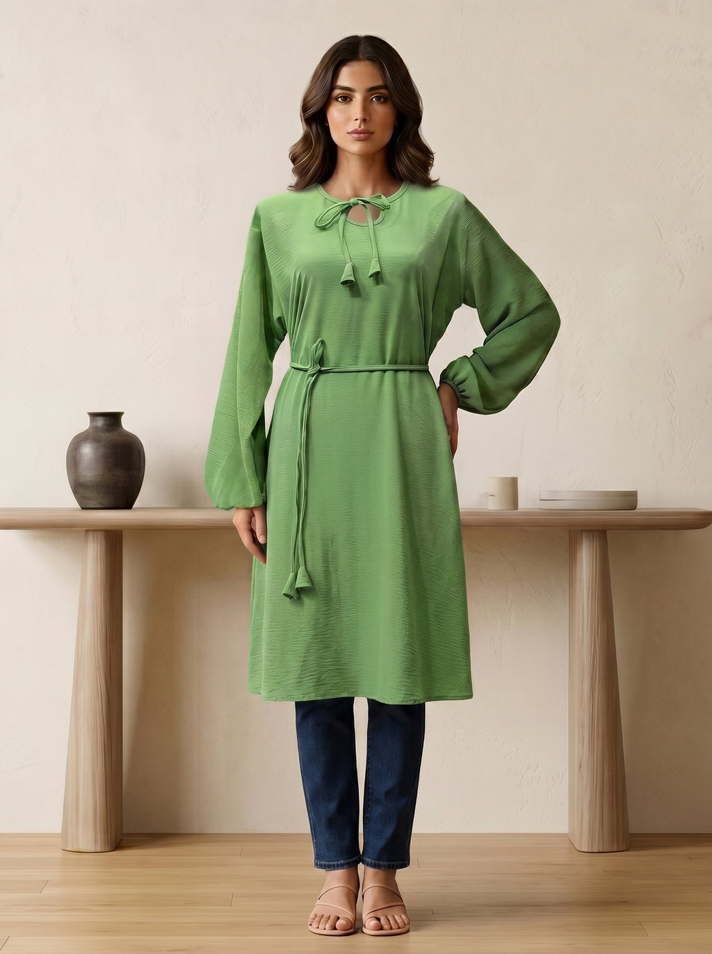 Tie-Neck Tassel Tunic Top