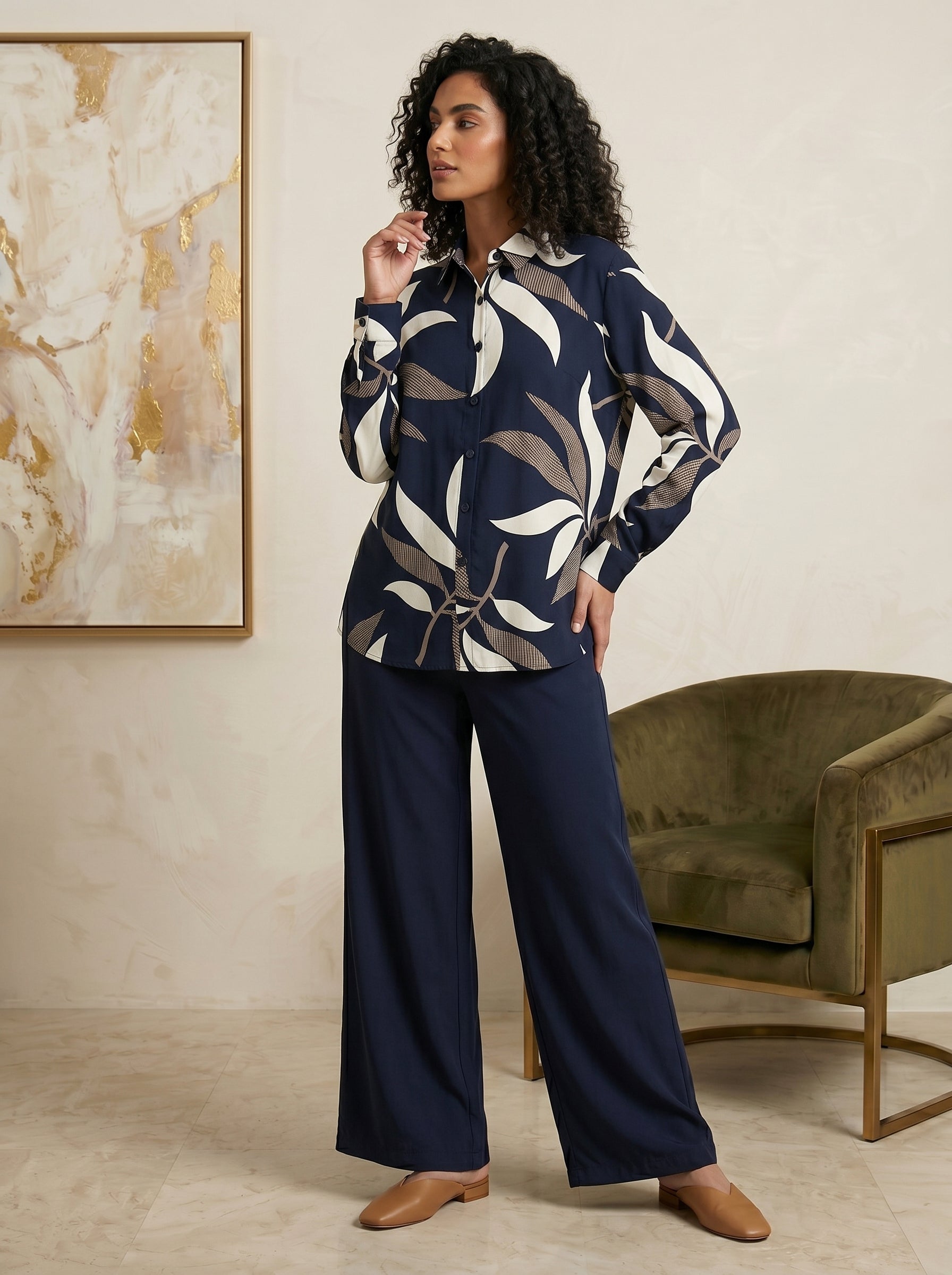 Two-Piece Nature-Print Button-Down Blouse and Matching Trousers Set