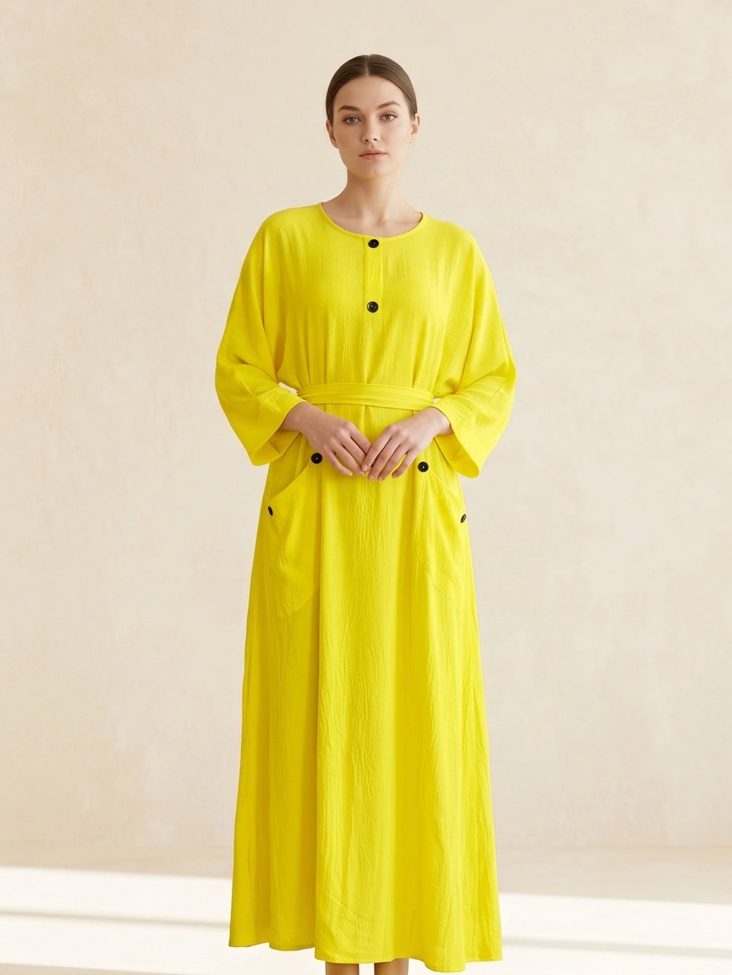 Button-Accent Tie-Waist Maxi Abaya