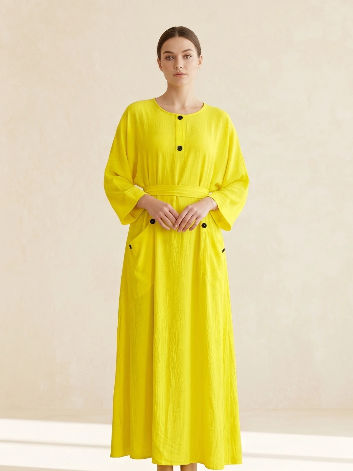 Button-Accent Tie-Waist Maxi Abaya