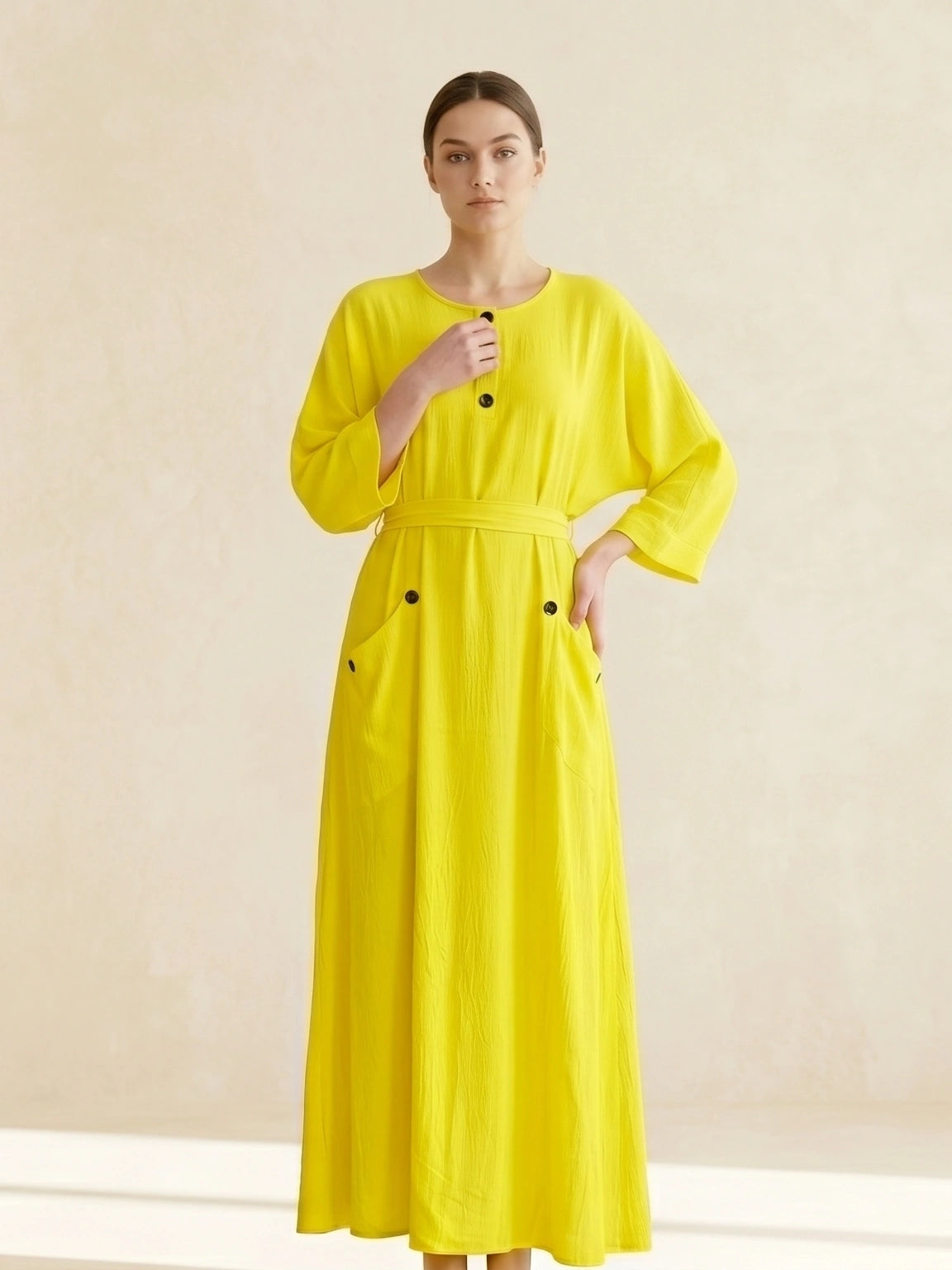 Button-Accent Tie-Waist Maxi Abaya