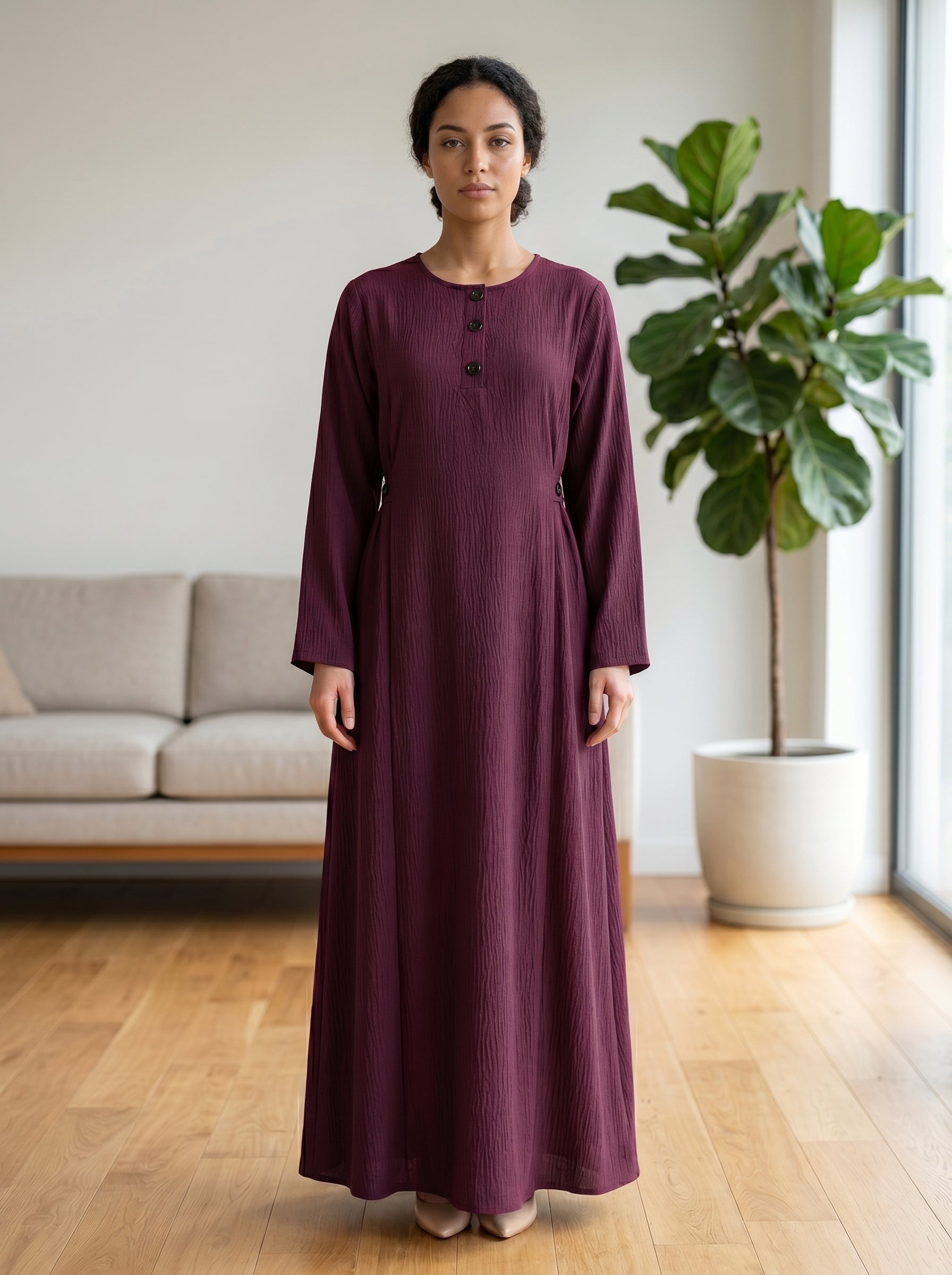 Button-Accent Modest Maxi Dress