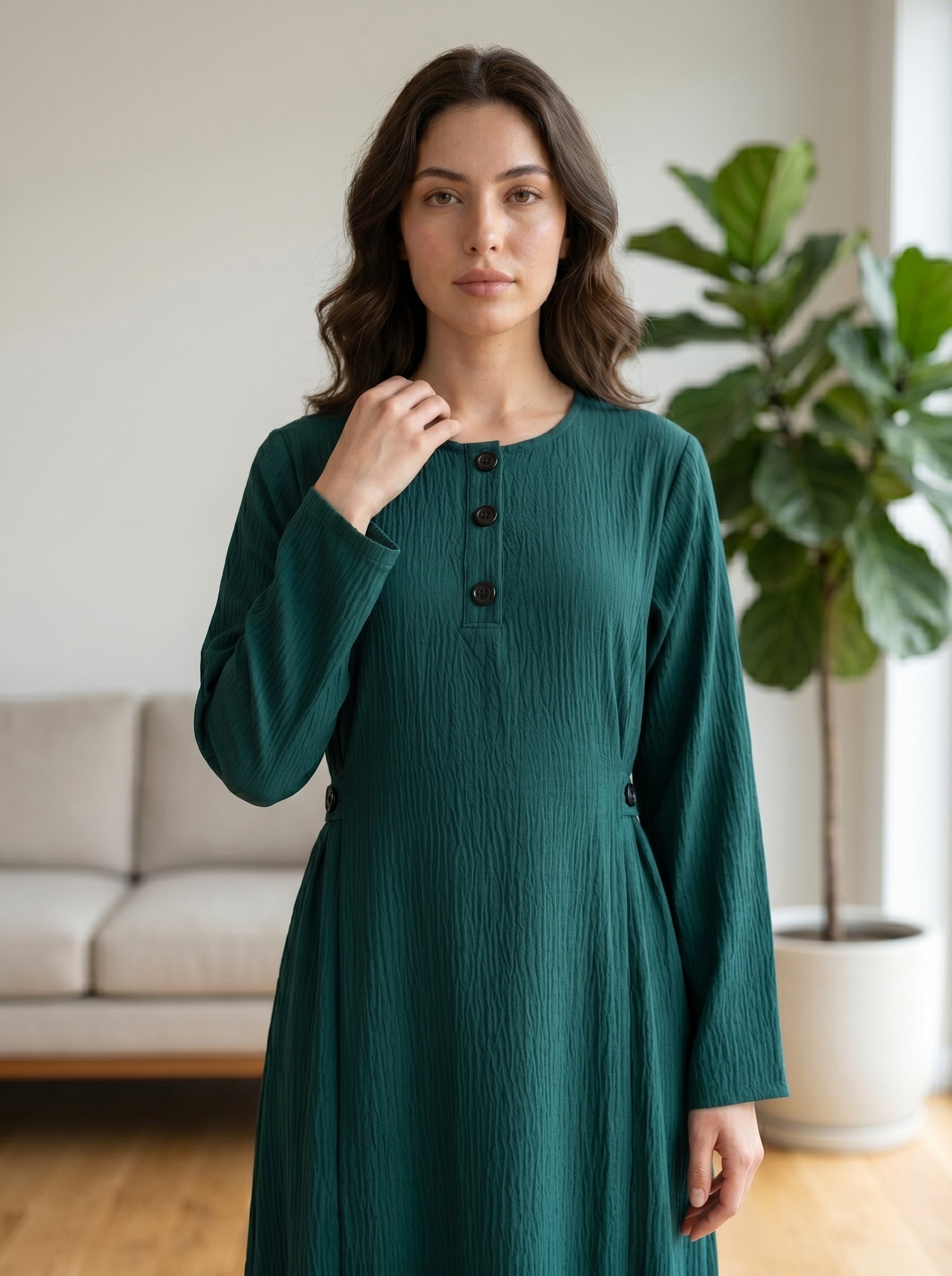 Button-Accent Modest Maxi Dress