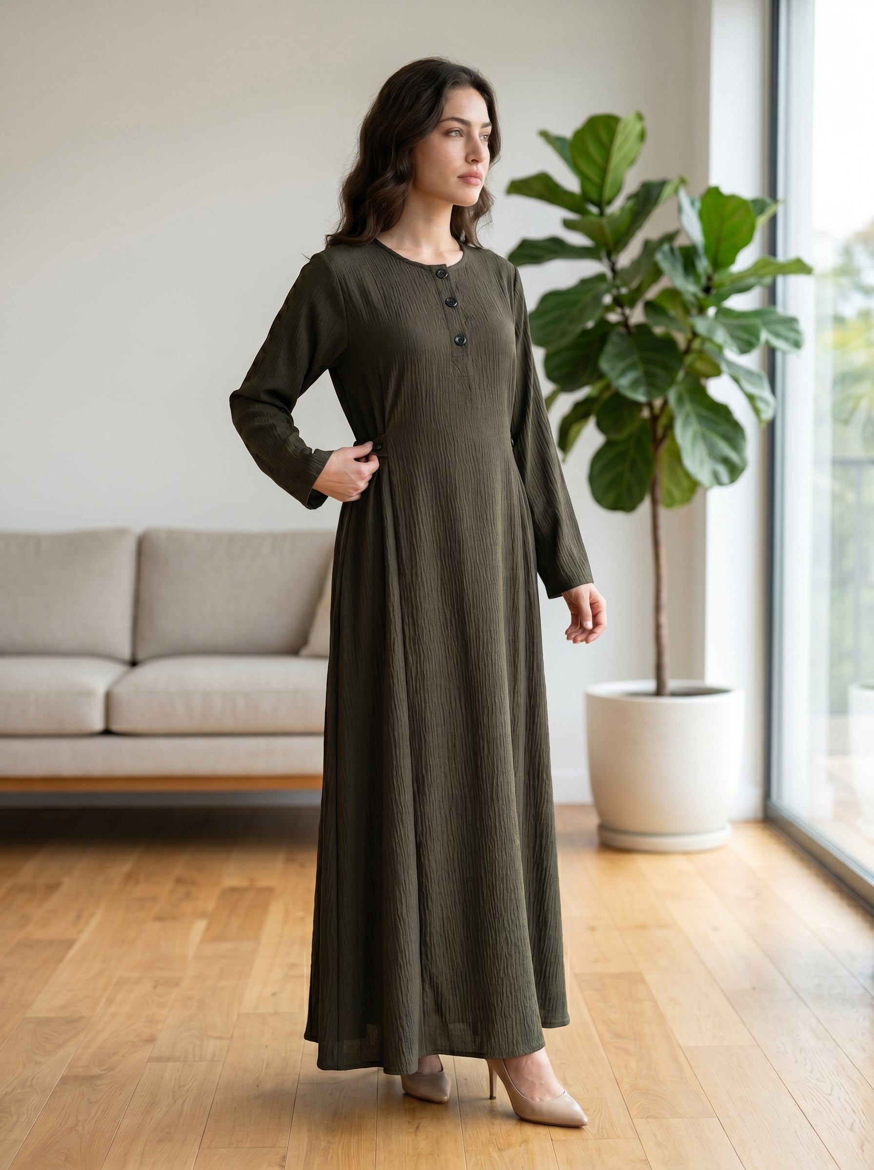 Button-Accent Modest Maxi Dress