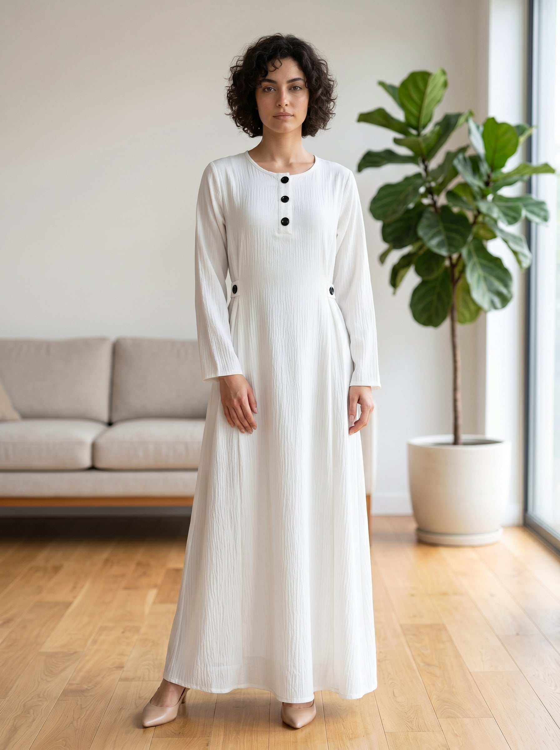 Button-Accent Modest Maxi Dress