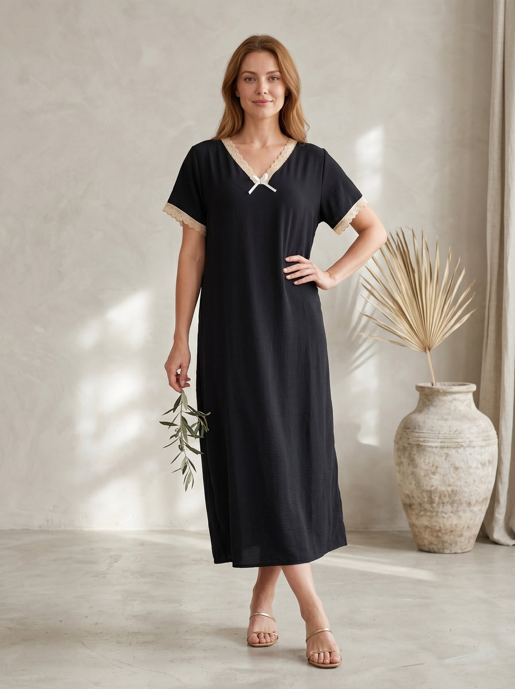 Lace-Trim V-Neck Maxi Dress