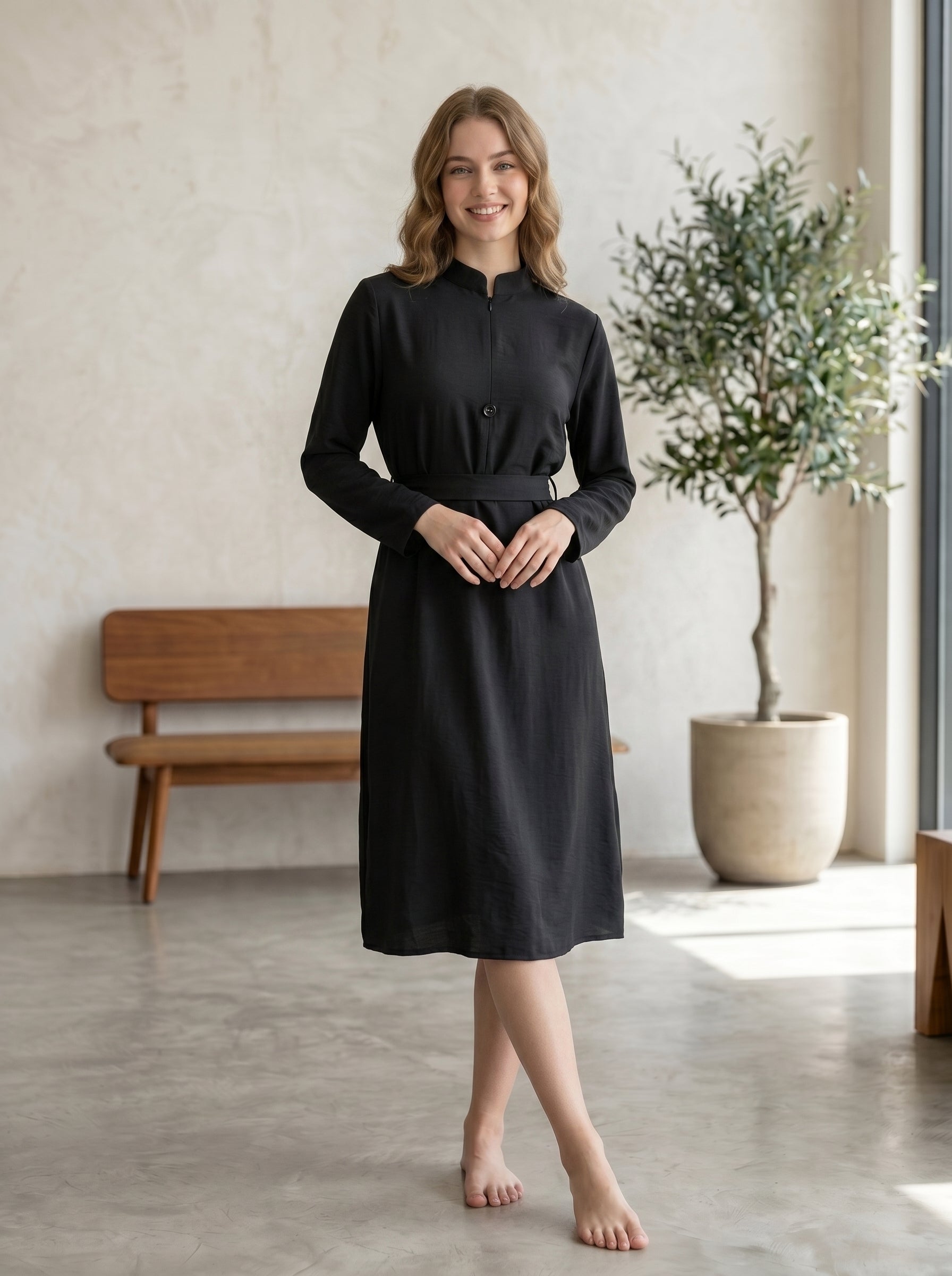 Elegant High-Neck Belted Maxi Dress