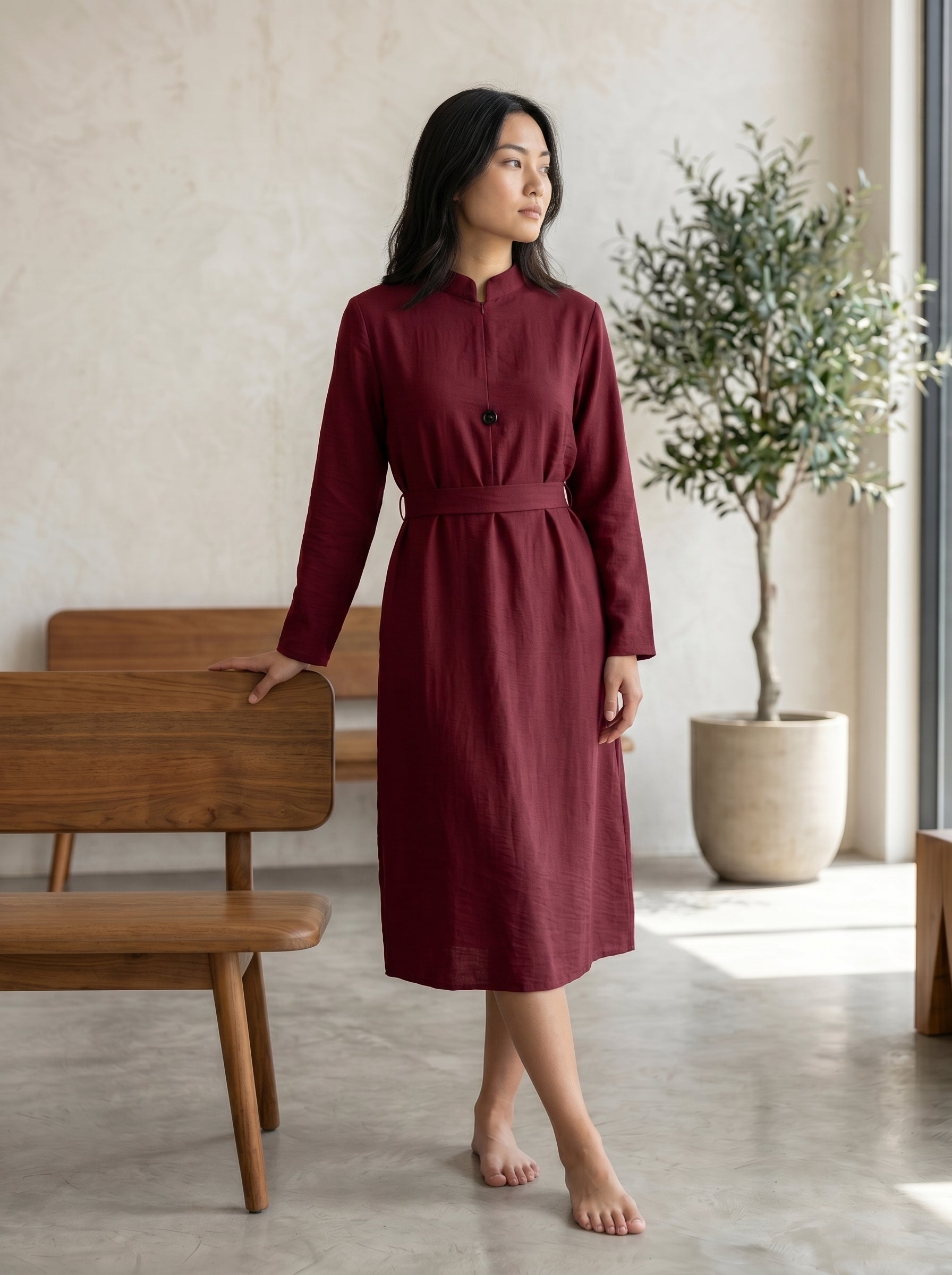 Elegant High-Neck Belted Maxi Dress