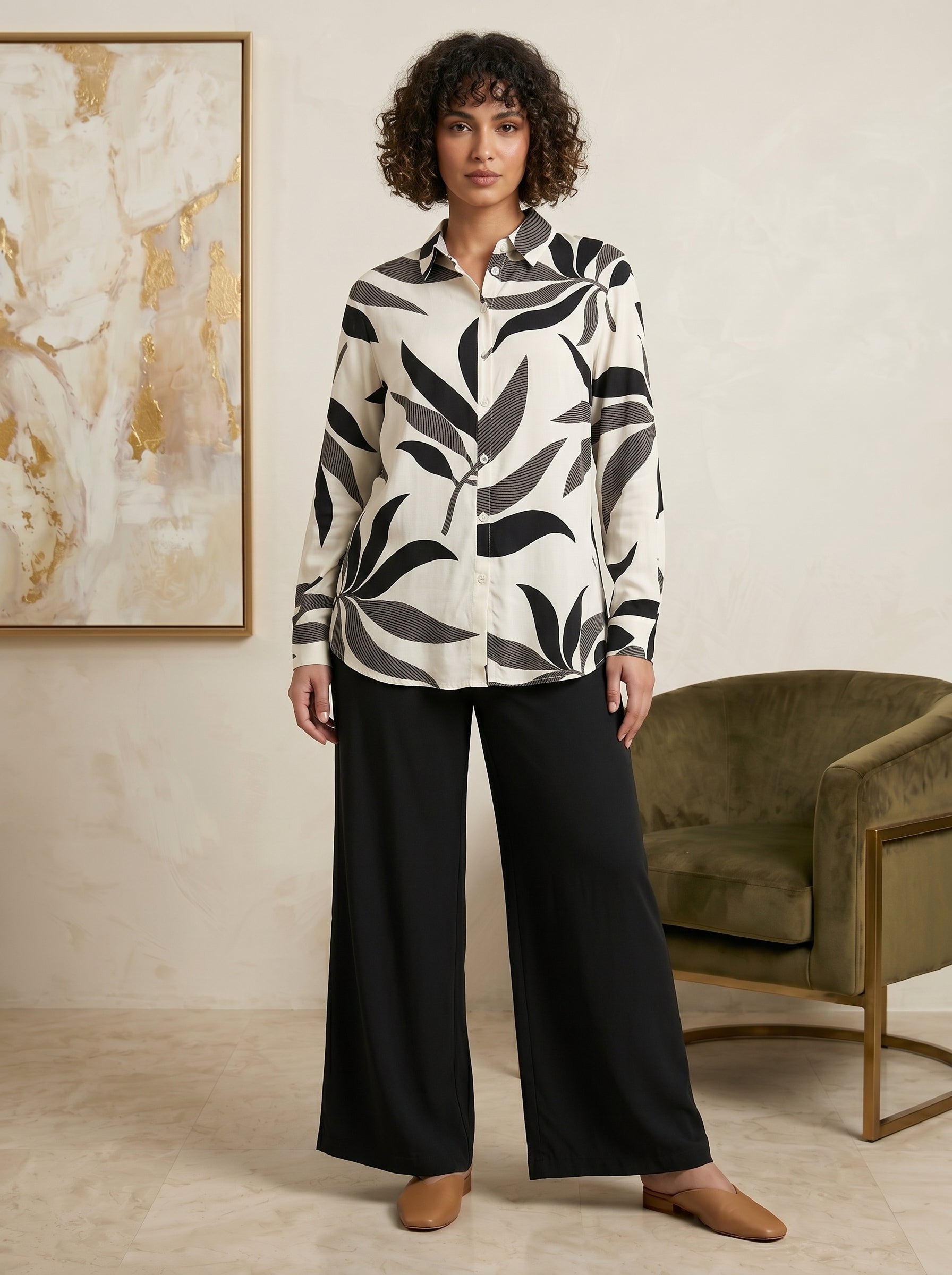 Two-Piece Nature-Print Button-Down Blouse and Matching Trousers Set