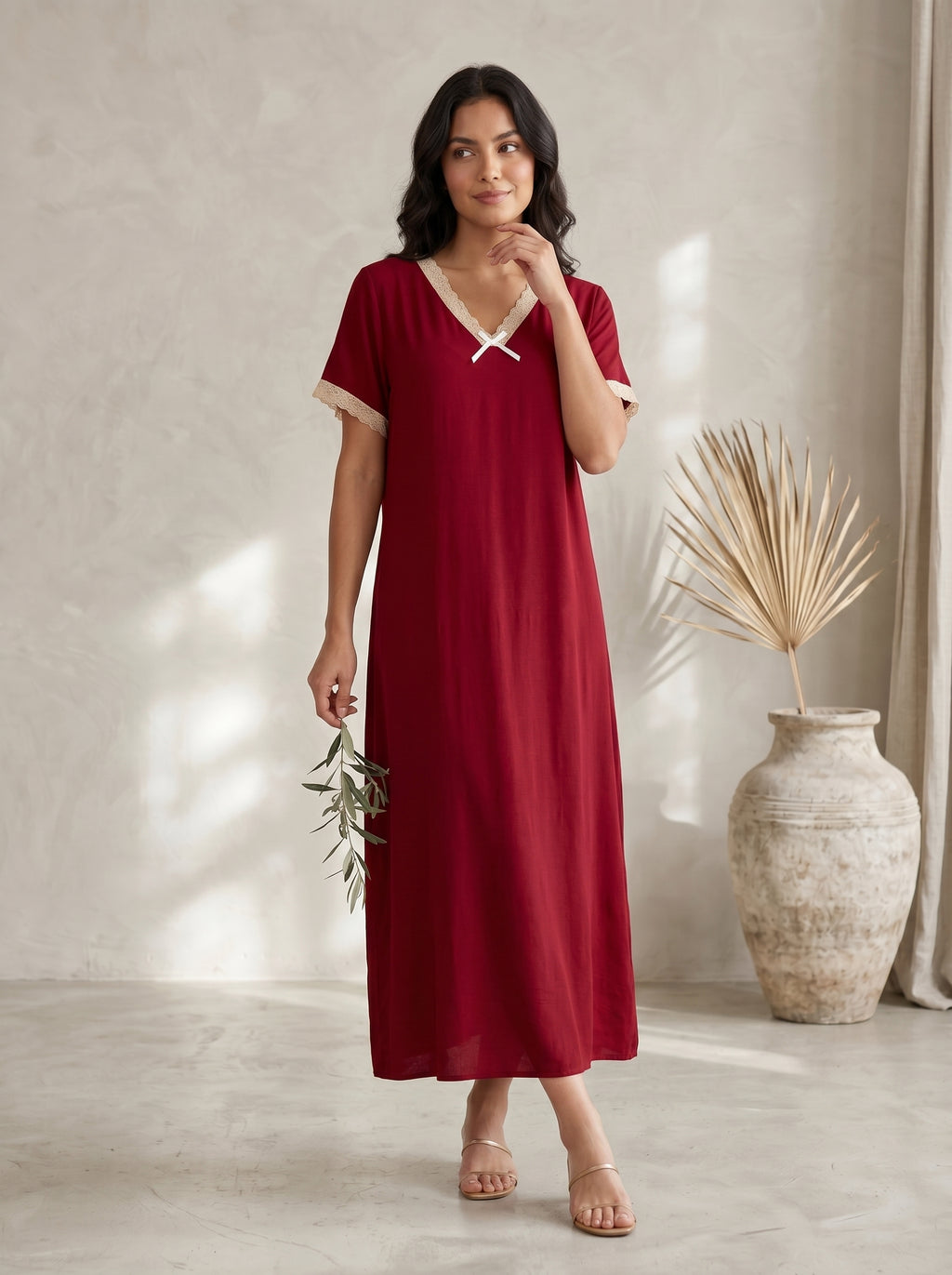 Lace-Trim V-Neck Maxi Dress