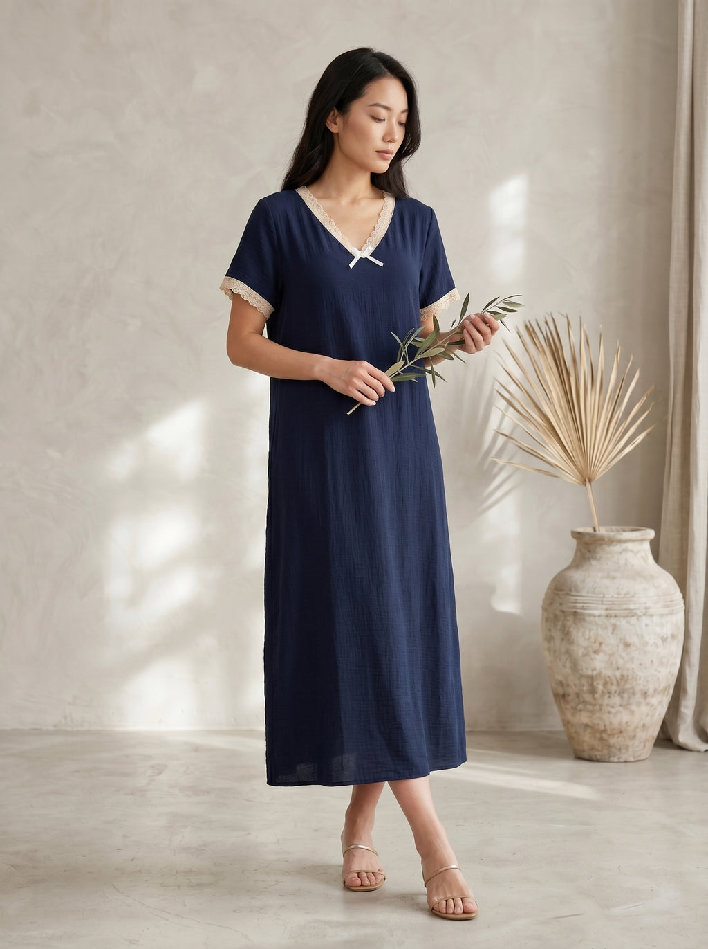 Lace-Trim V-Neck Maxi Dress
