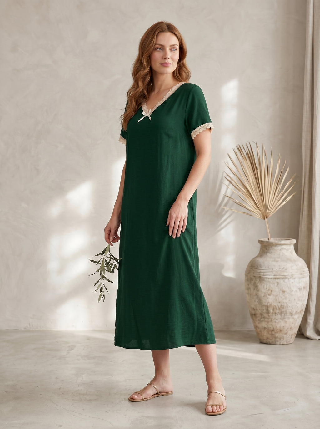 Lace-Trim V-Neck Maxi Dress